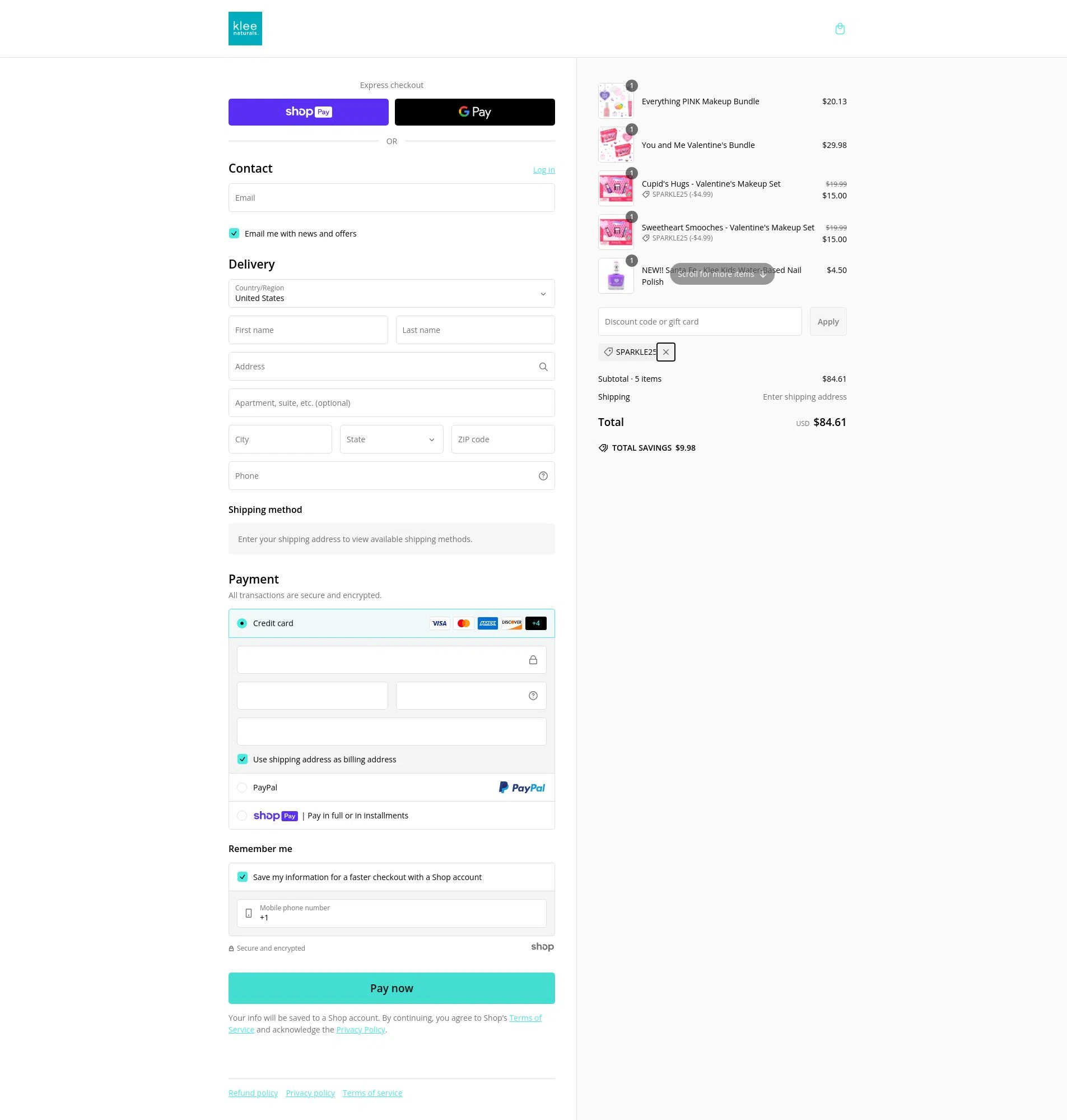 Klee Naturals checkout page showing Klee Naturals coupon code box | Screenshot taken by SimplyCodes community member on Feb 5, 2025