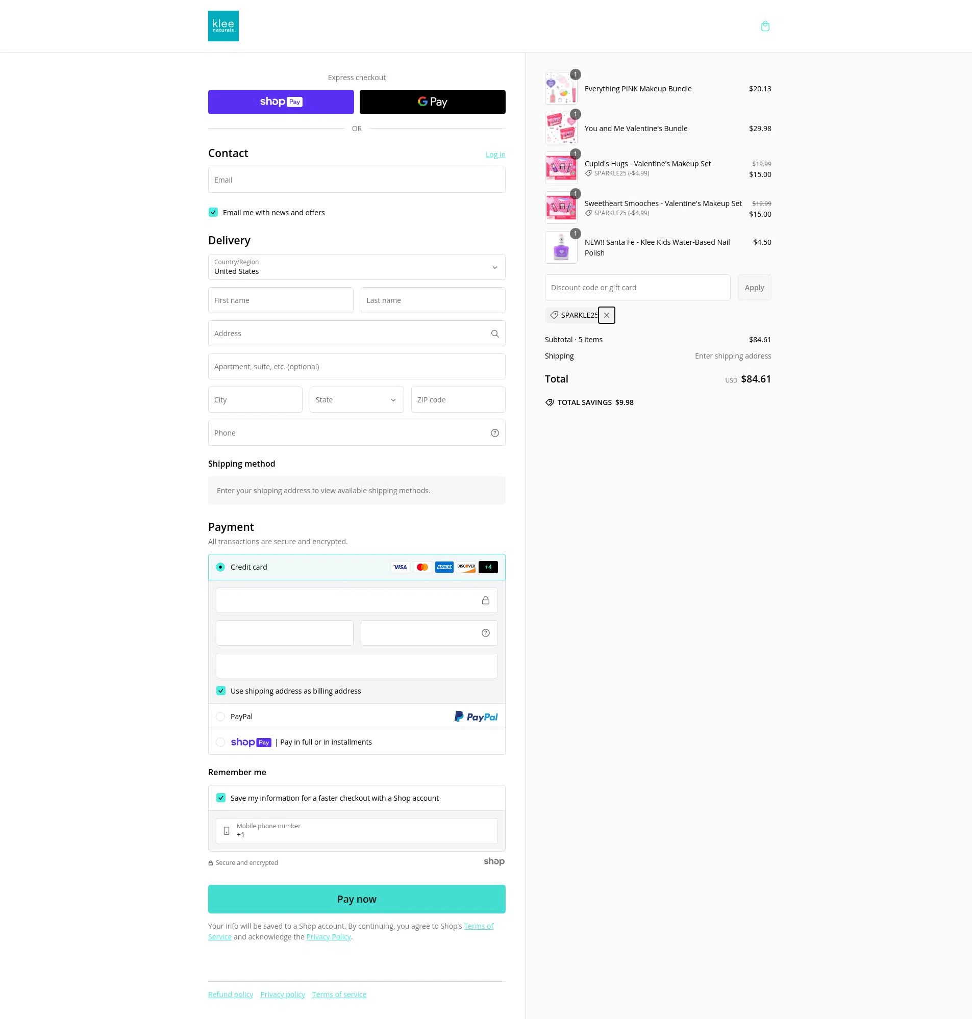 Klee Naturals checkout page showing Klee Naturals coupon code box | Screenshot taken by SimplyCodes community member on Feb 1, 2025