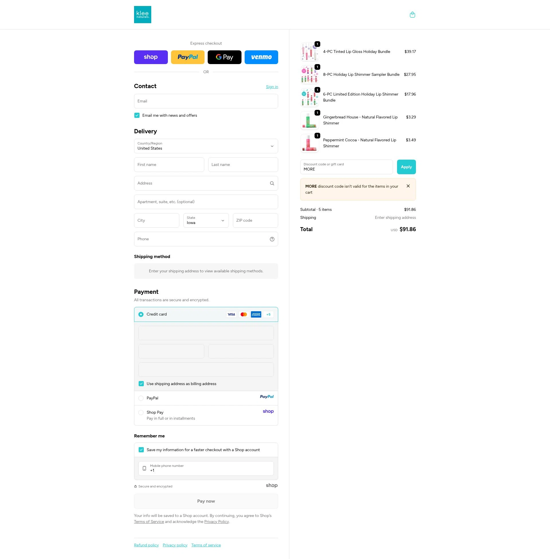 Klee Naturals checkout page showing Klee Naturals coupon code box | Screenshot taken by SimplyCodes community member on Oct 26, 2025