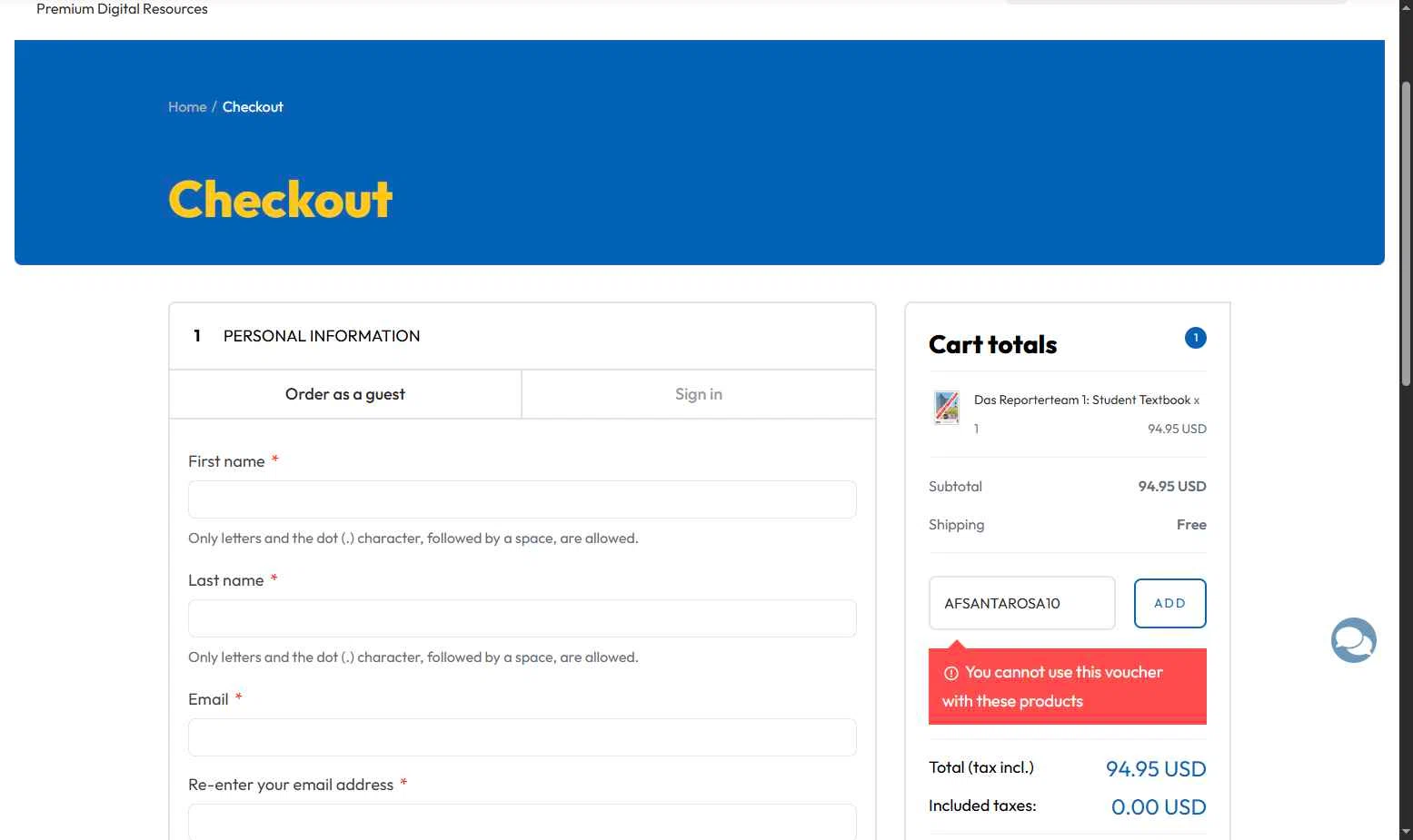 Klett World Languages checkout page showing Klett World Languages promo code box | Screenshot taken by SimplyCodes community member on Jan 20, 2026