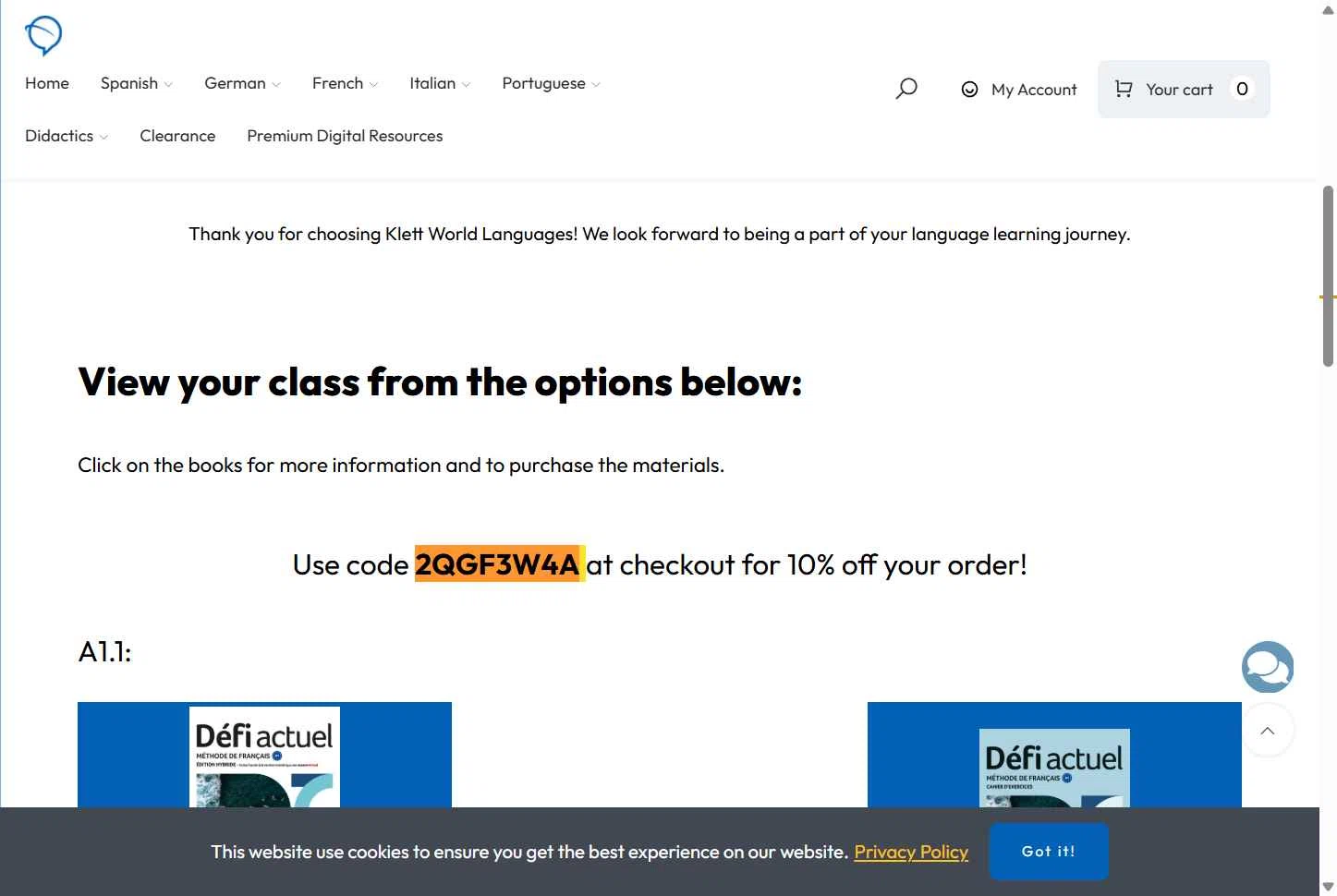 Klett World Languages checkout page showing Klett World Languages promo code box | Screenshot taken by SimplyCodes community member on Jan 14, 2026
