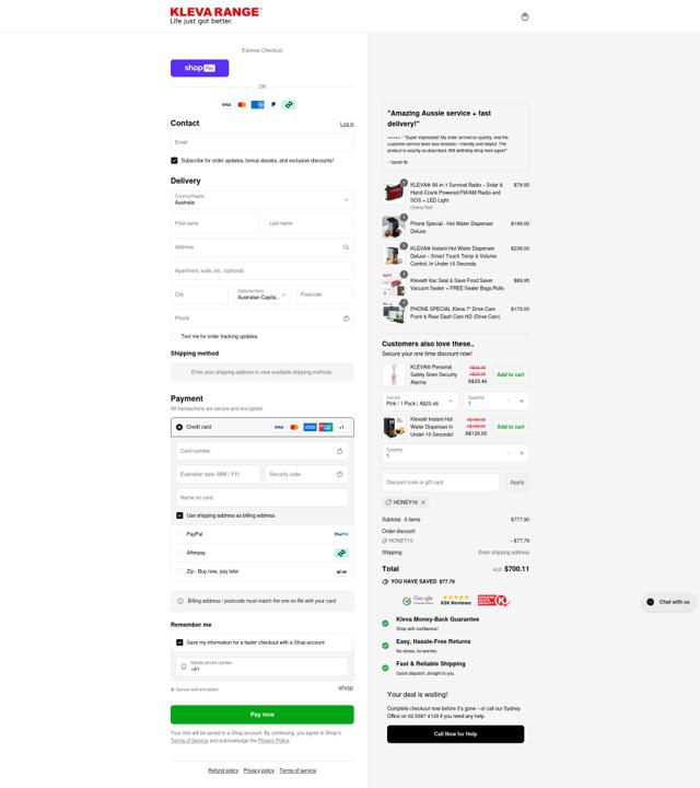 Kleva Range checkout page showing Kleva Range promo code box | Screenshot taken by SimplyCodes community member on Aug 24, 2025