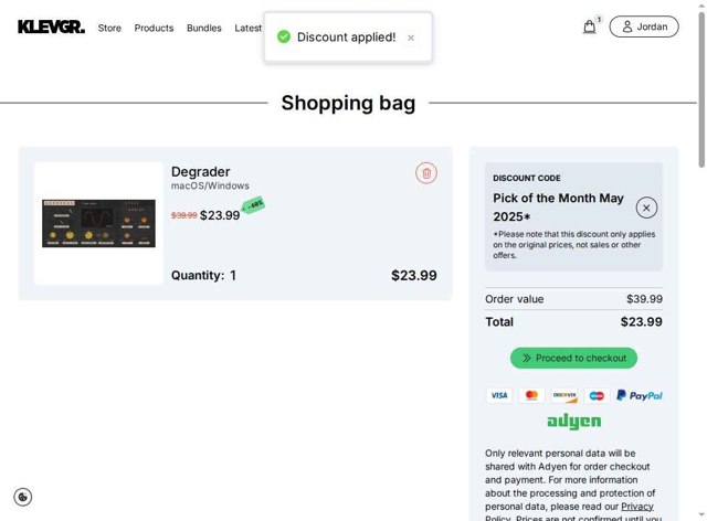 Klevgrand checkout page showing Klevgrand discount code box | Screenshot taken by SimplyCodes community member on May 23, 2025
