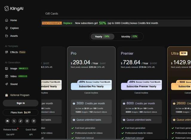 Kling AI checkout page showing Kling AI promo code box | Screenshot taken by SimplyCodes community member on Oct 2, 2025