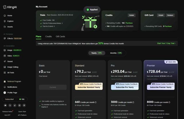 Kling AI checkout page showing Kling AI promo code box | Screenshot taken by SimplyCodes community member on Aug 23, 2025