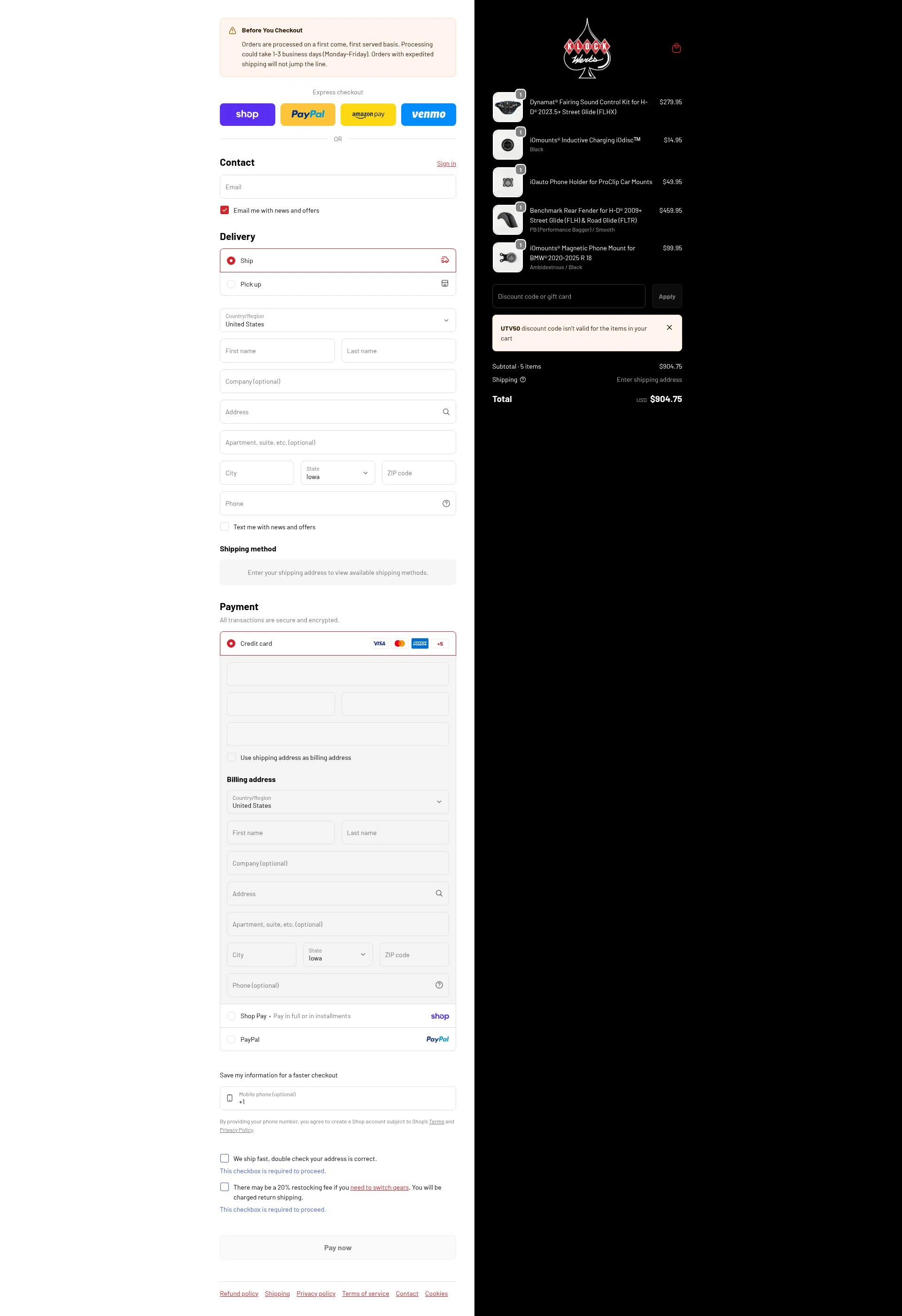 Klock Werks checkout page showing Klock Werks discount code box | Screenshot taken by SimplyCodes community member on Feb 11, 2026