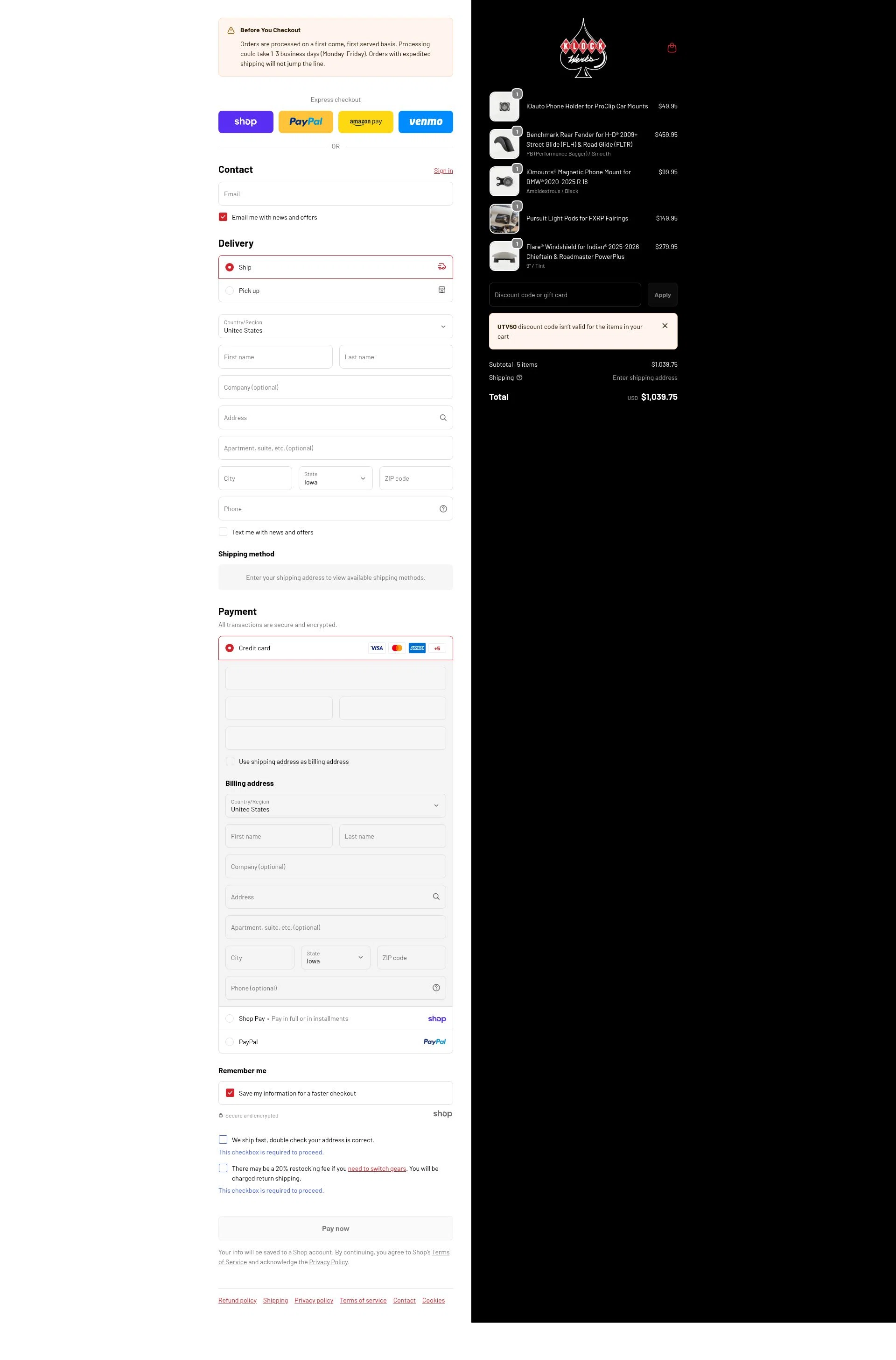 Klock Werks checkout page showing Klock Werks discount code box | Screenshot taken by SimplyCodes community member on Jan 23, 2026