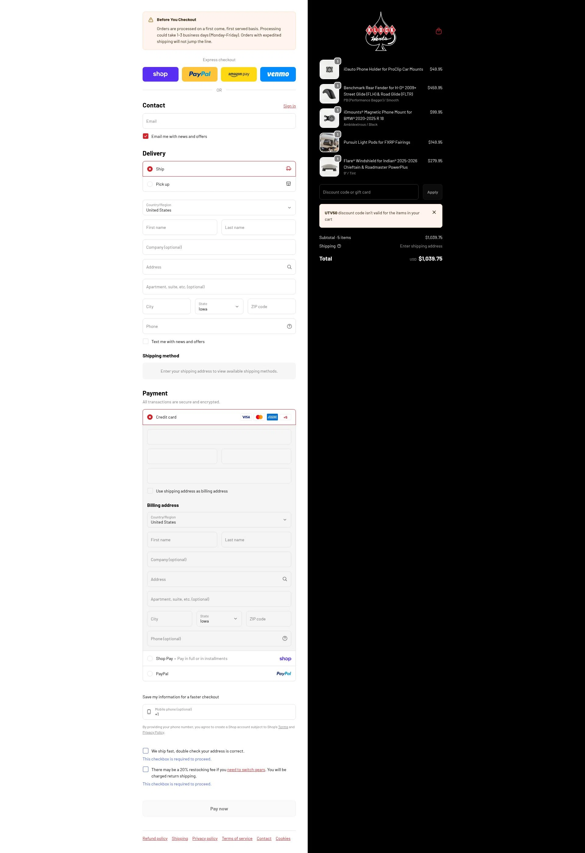 Klock Werks checkout page showing Klock Werks discount code box | Screenshot taken by SimplyCodes community member on Feb 1, 2026