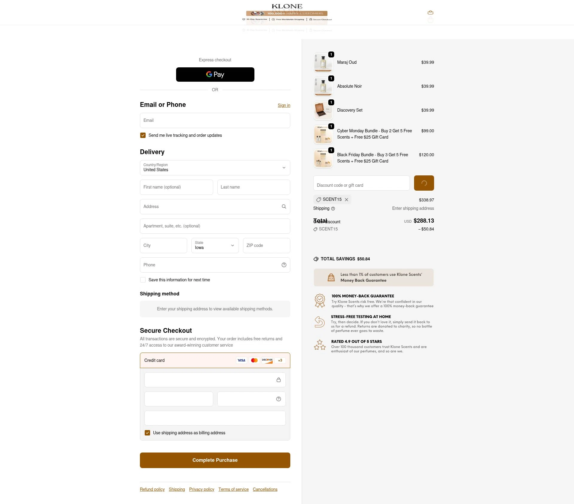Klone Scents checkout page showing Klone Scents discount code box | Screenshot taken by SimplyCodes community member on Feb 23, 2026