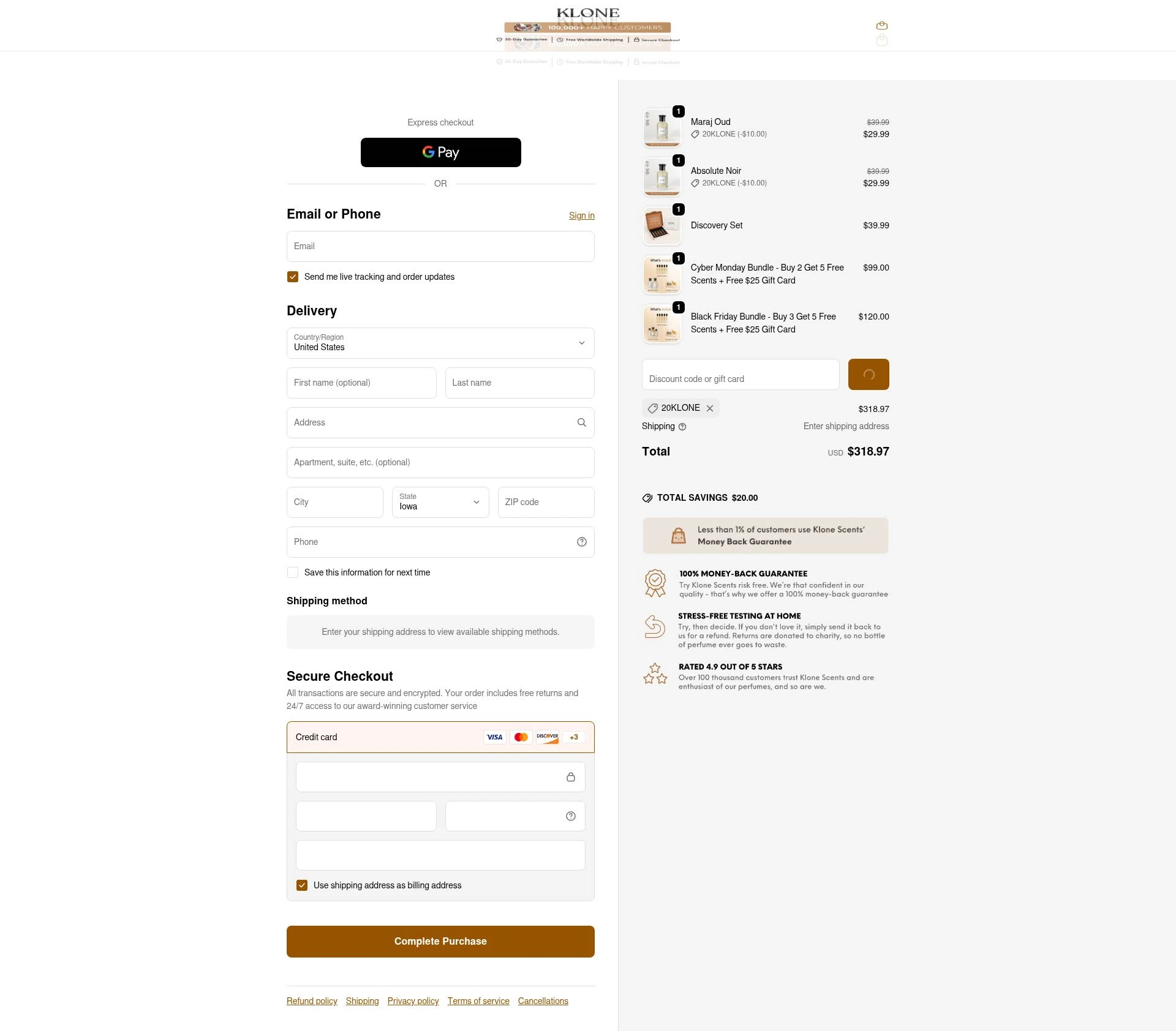 Klone Scents checkout page showing Klone Scents discount code box | Screenshot taken by SimplyCodes community member on Feb 23, 2026