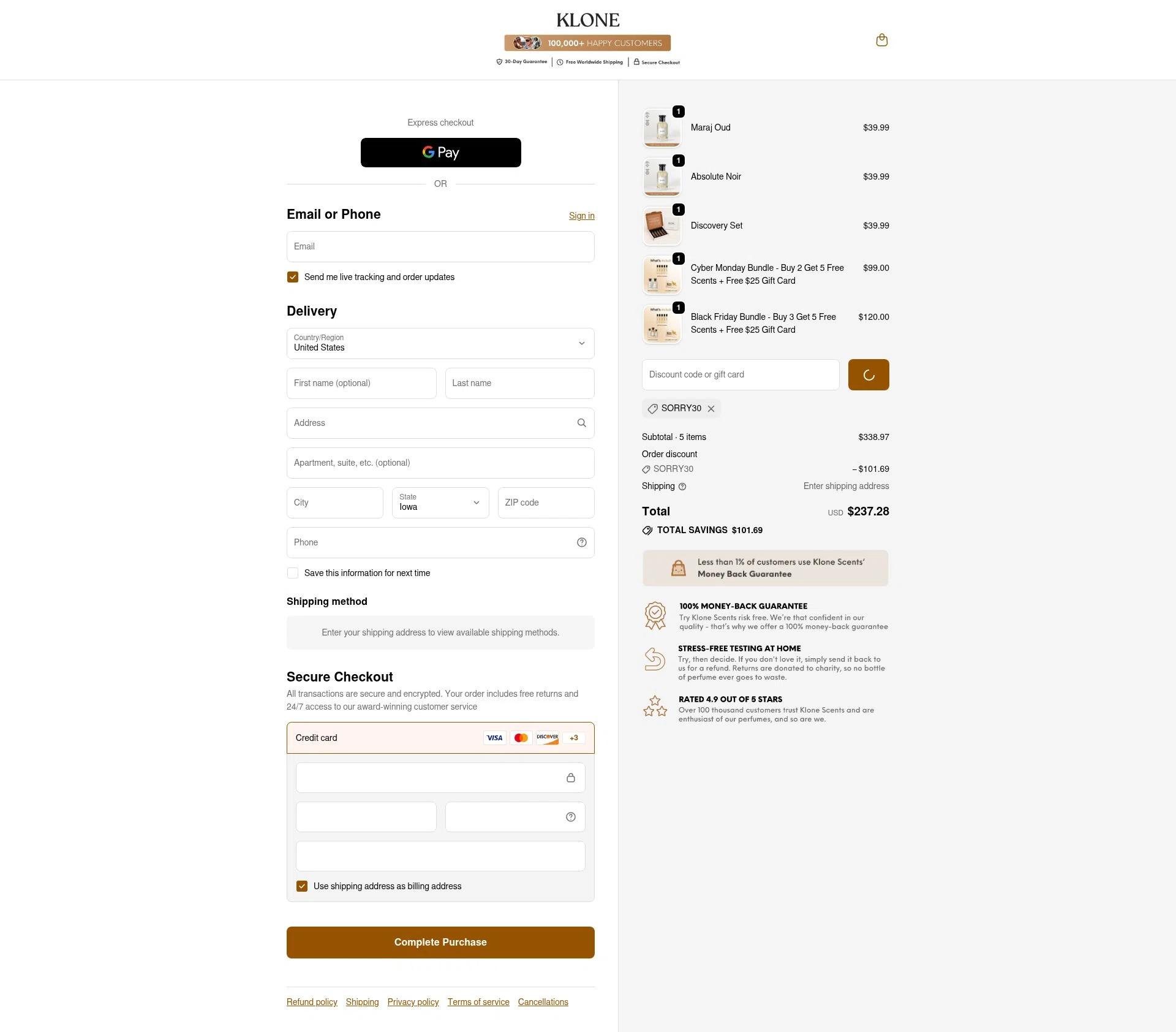 Klone Scents checkout page showing Klone Scents discount code box | Screenshot taken by SimplyCodes community member on Feb 23, 2026