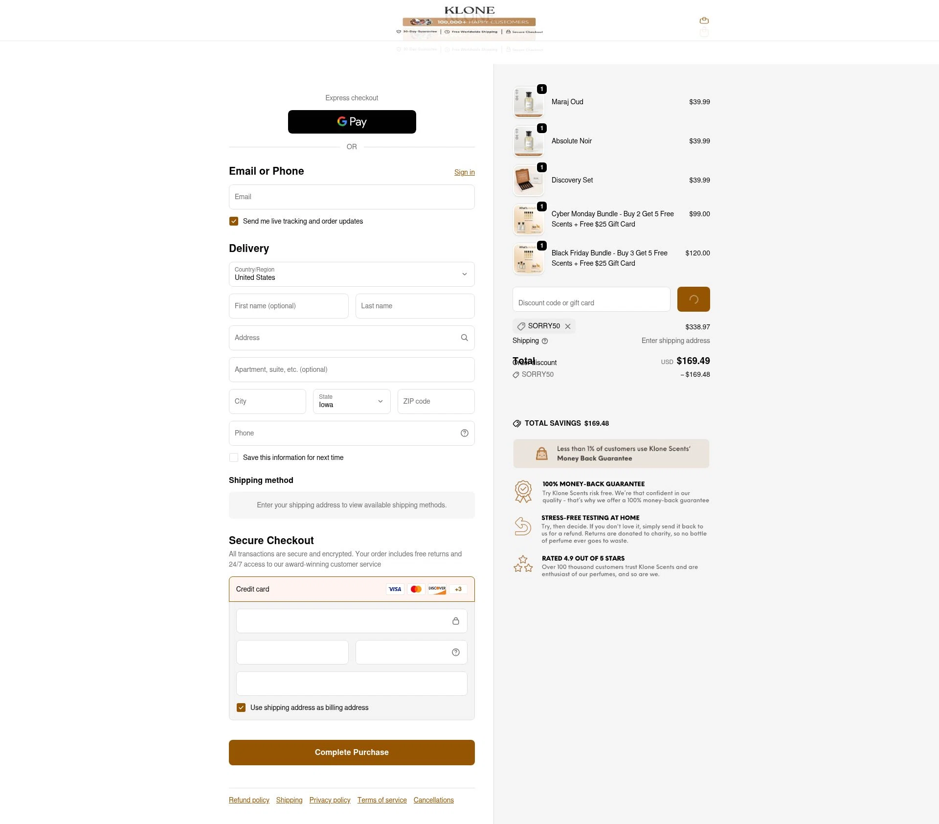 Klone Scents checkout page showing Klone Scents discount code box | Screenshot taken by SimplyCodes community member on Feb 23, 2026