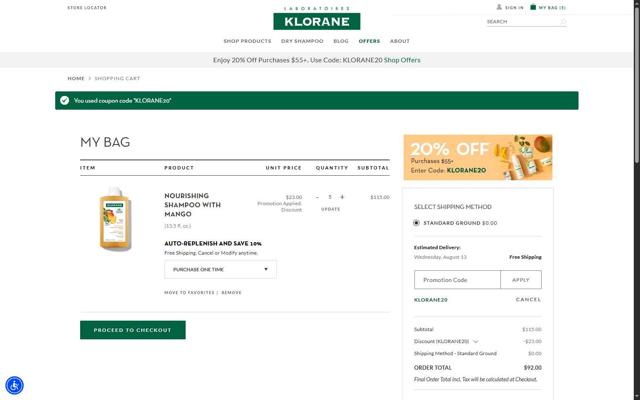 Klorane checkout page showing Klorane promo code box | Screenshot taken by SimplyCodes community member on Aug 8, 2025
