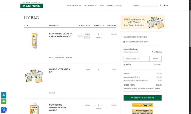 Klorane checkout page showing Klorane promo code box | Screenshot taken by SimplyCodes community member on Sep 3, 2025
