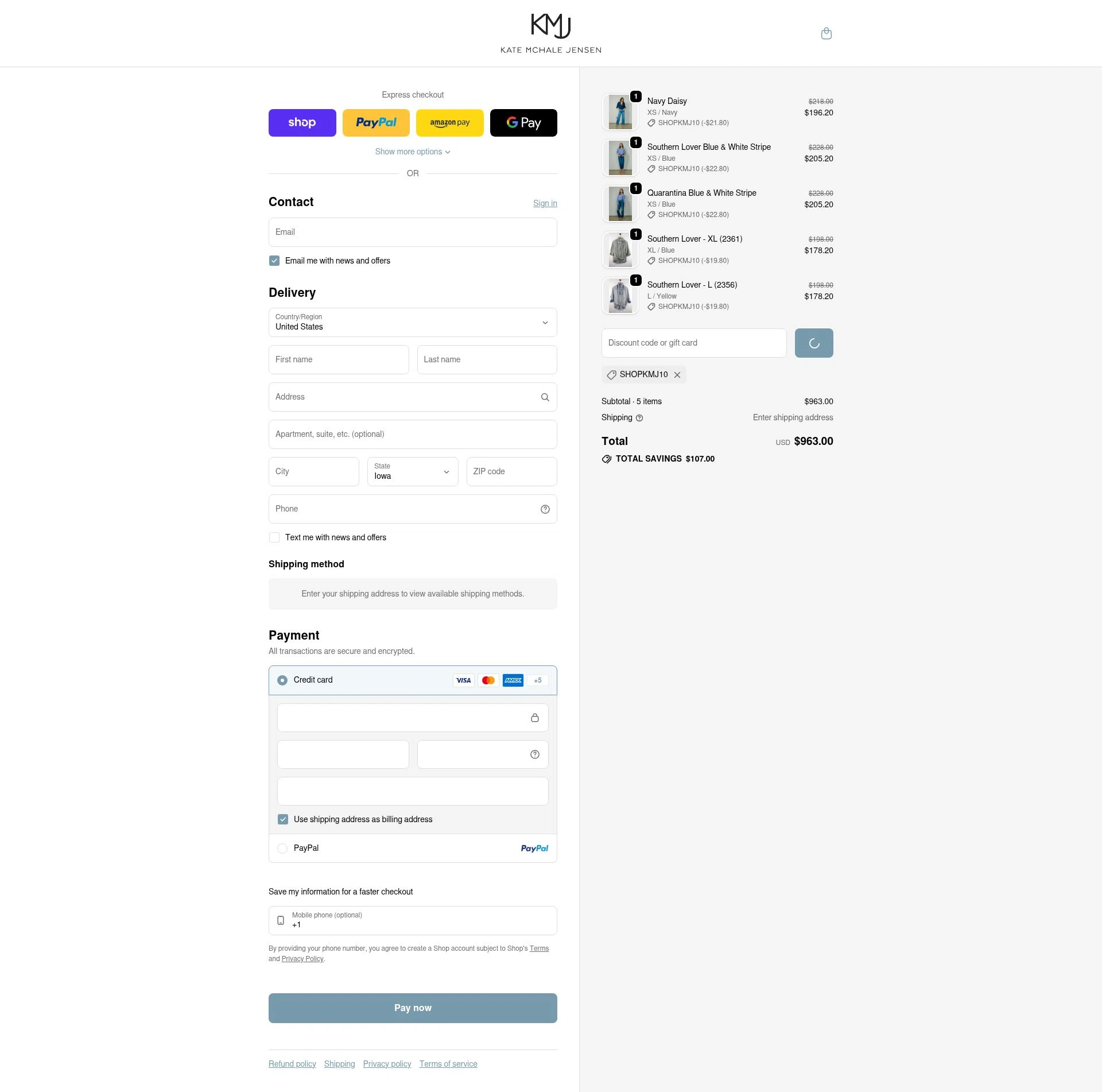 KMJ Kate McHale Jensen checkout page showing KMJ Kate McHale Jensen promo code box | Screenshot taken by SimplyCodes community member on Feb 13, 2026