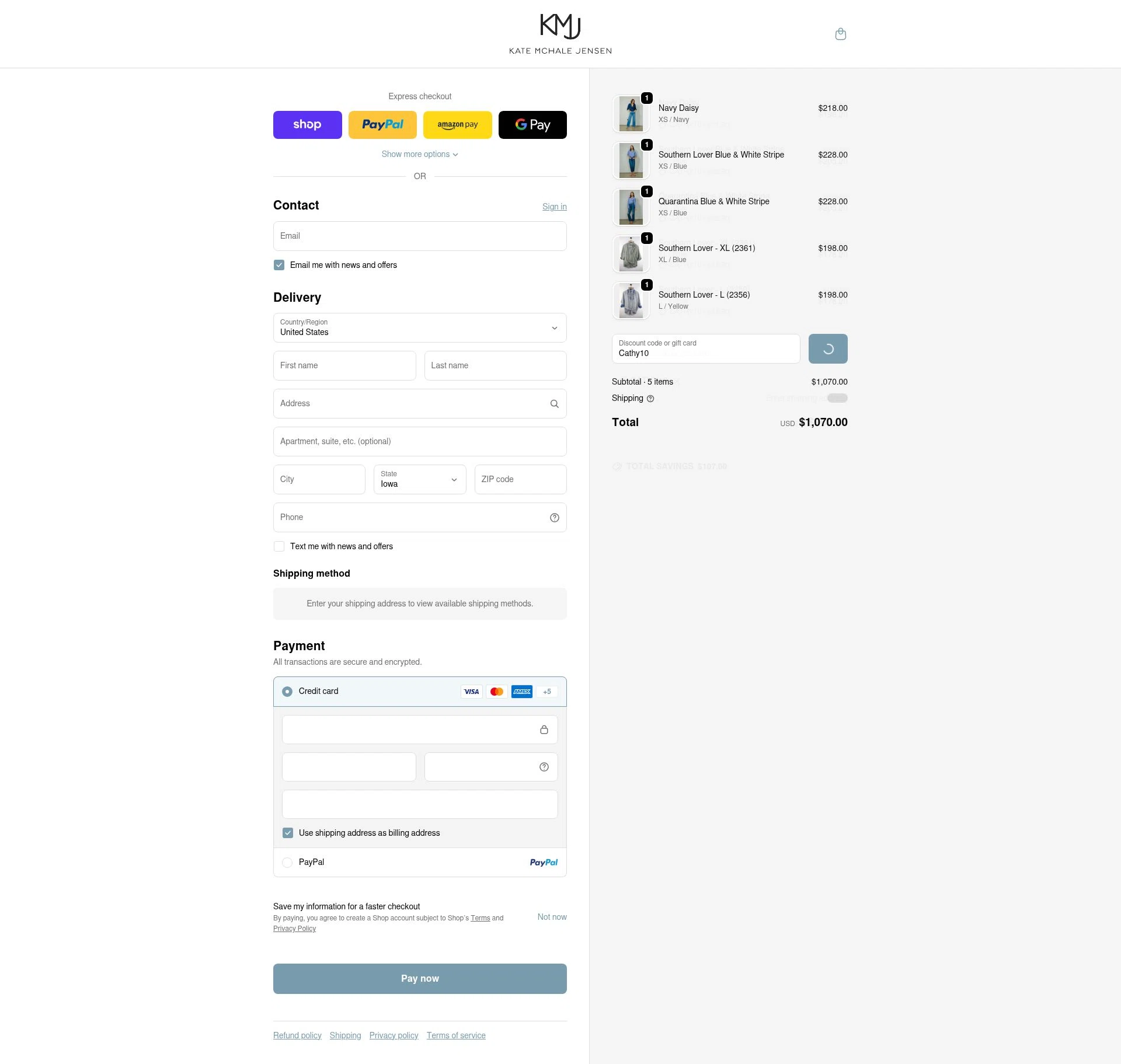 KMJ Kate McHale Jensen checkout page showing KMJ Kate McHale Jensen promo code box | Screenshot taken by SimplyCodes community member on Feb 17, 2026