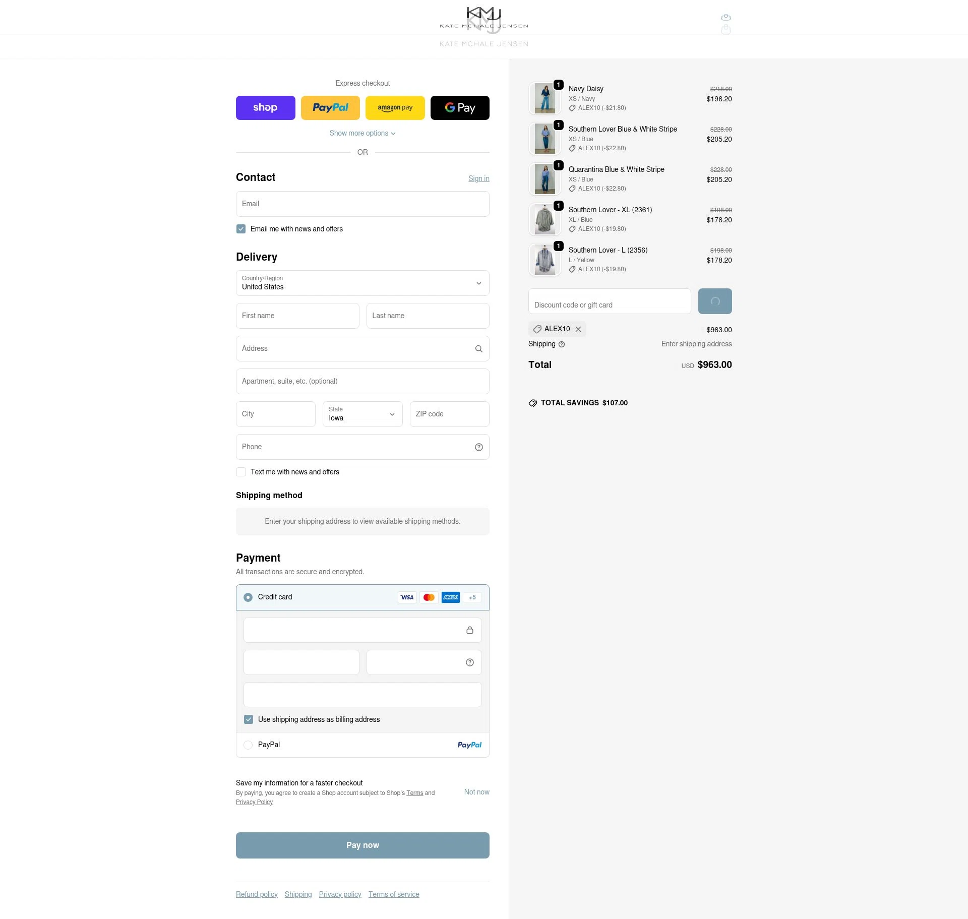 KMJ Kate McHale Jensen checkout page showing KMJ Kate McHale Jensen promo code box | Screenshot taken by SimplyCodes community member on Feb 17, 2026