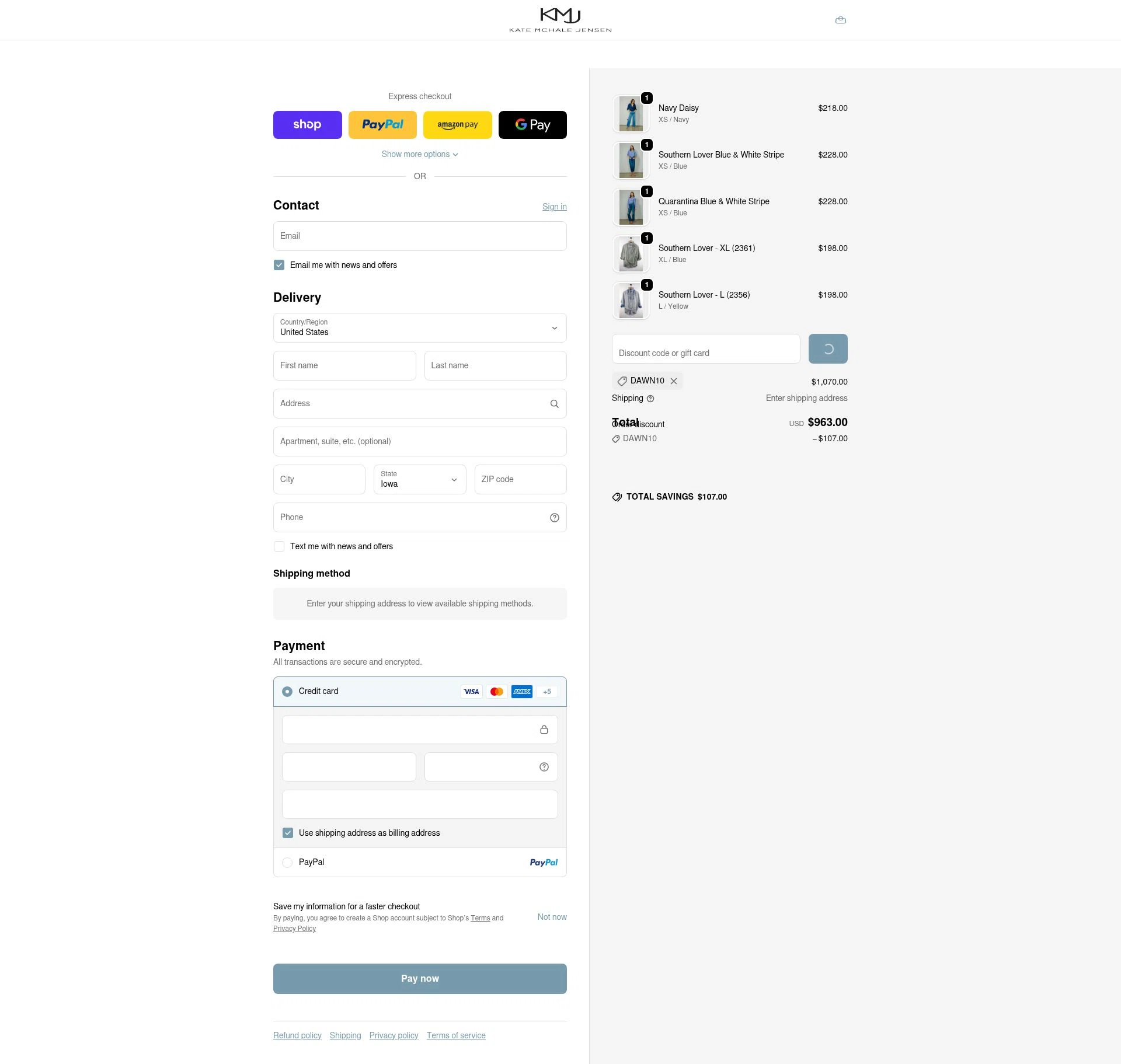 KMJ Kate McHale Jensen checkout page showing KMJ Kate McHale Jensen promo code box | Screenshot taken by SimplyCodes community member on Feb 17, 2026