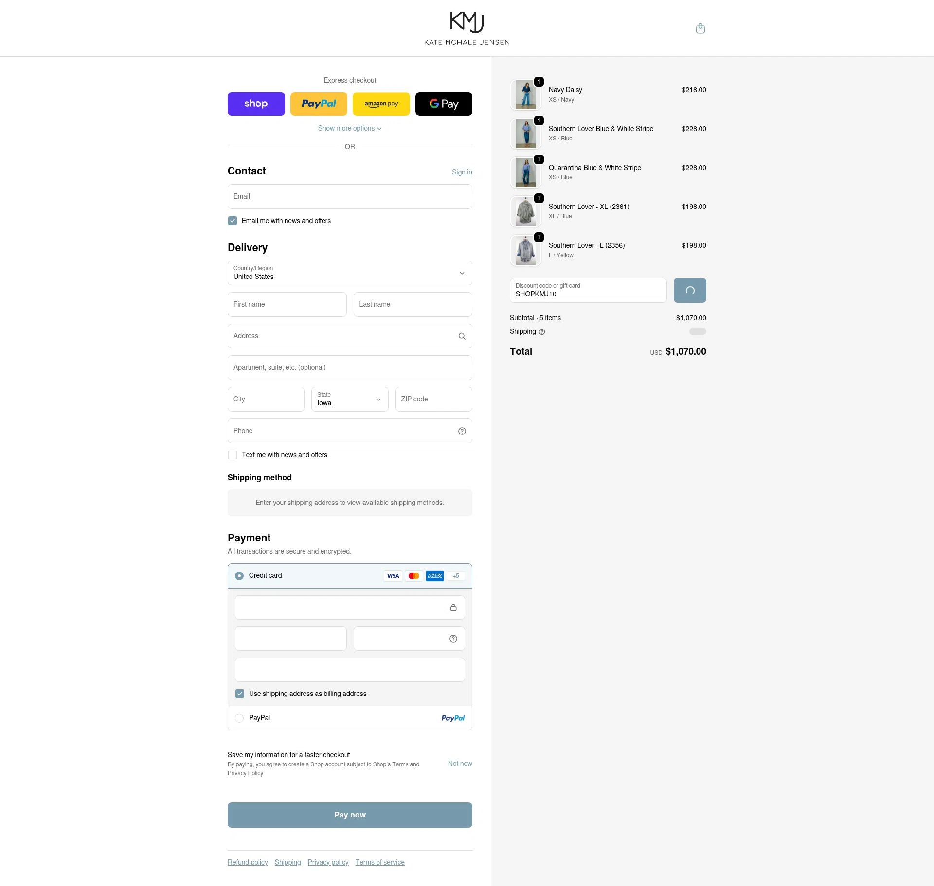 KMJ Kate McHale Jensen checkout page showing KMJ Kate McHale Jensen promo code box | Screenshot taken by SimplyCodes community member on Feb 17, 2026