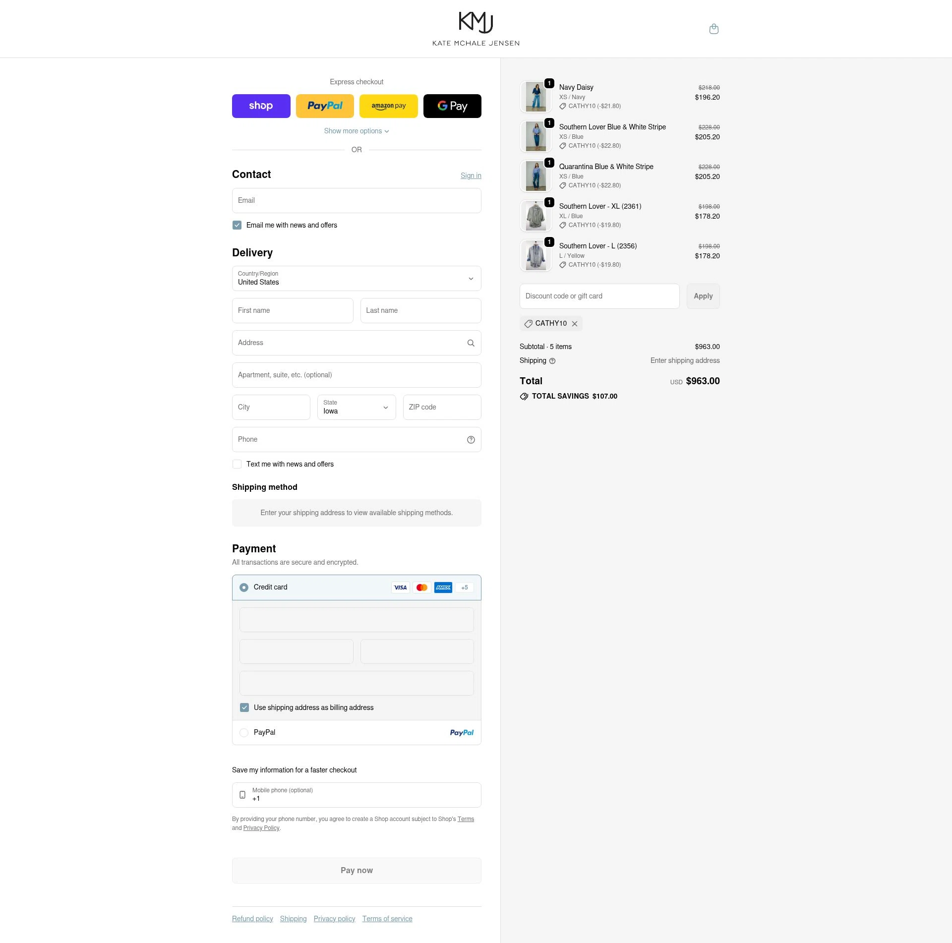 KMJ Kate McHale Jensen checkout page showing KMJ Kate McHale Jensen promo code box | Screenshot taken by SimplyCodes community member on Feb 13, 2026