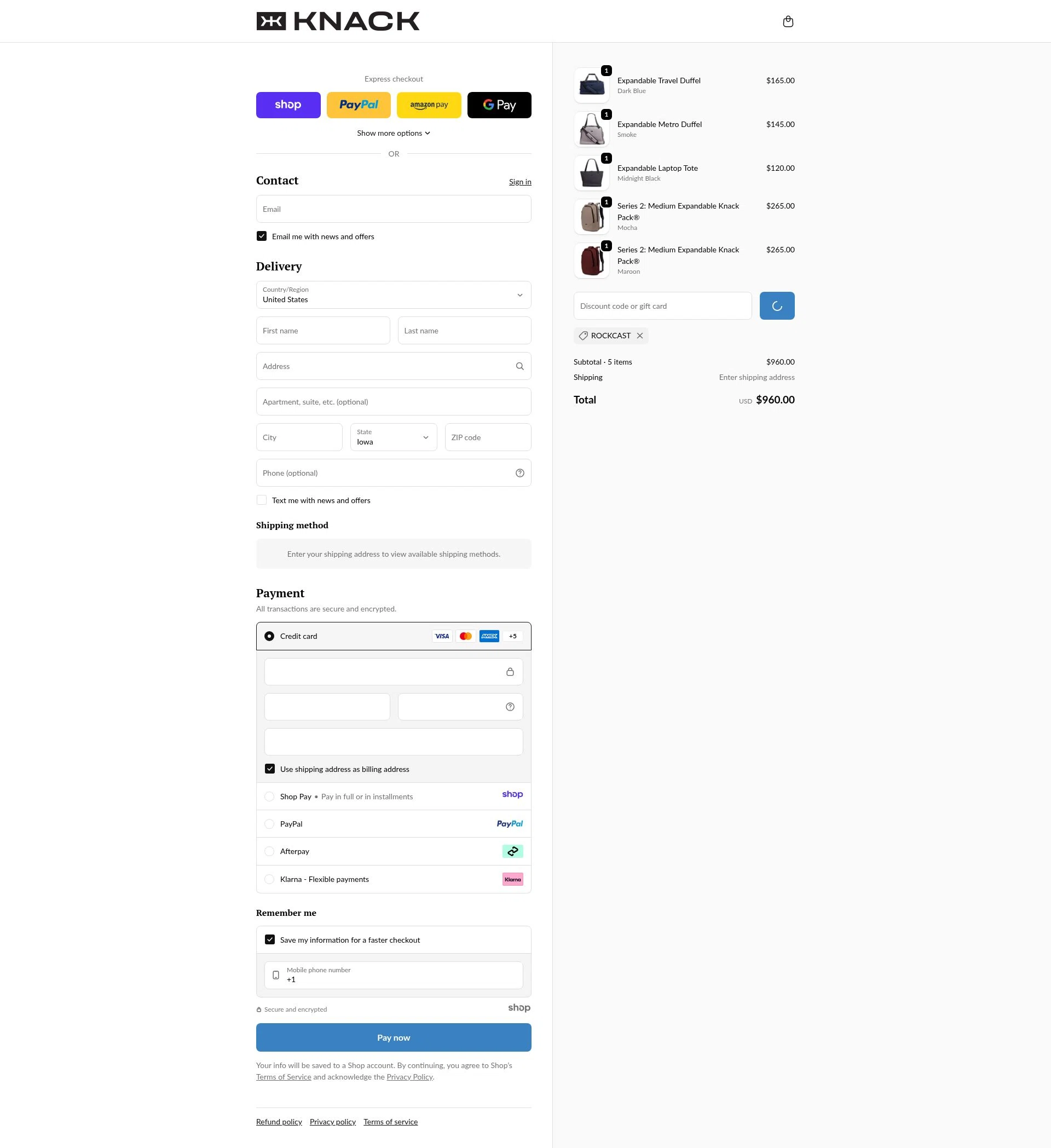 Knack Bags checkout page showing Knack Bags promo code box | Screenshot taken by SimplyCodes community member on Dec 30, 2025