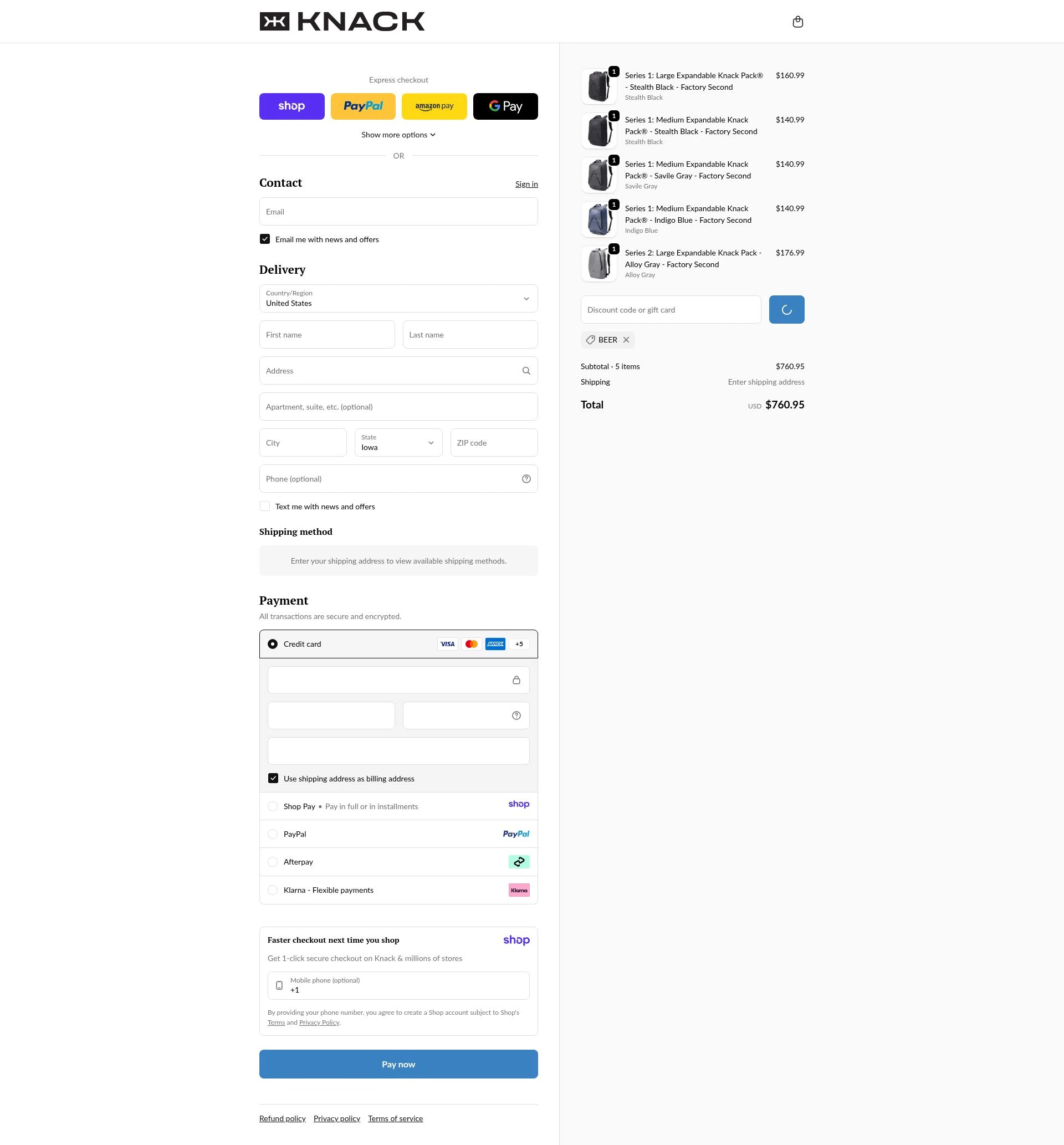 Knack Bags checkout page showing Knack Bags promo code box | Screenshot taken by SimplyCodes community member on Jan 10, 2026