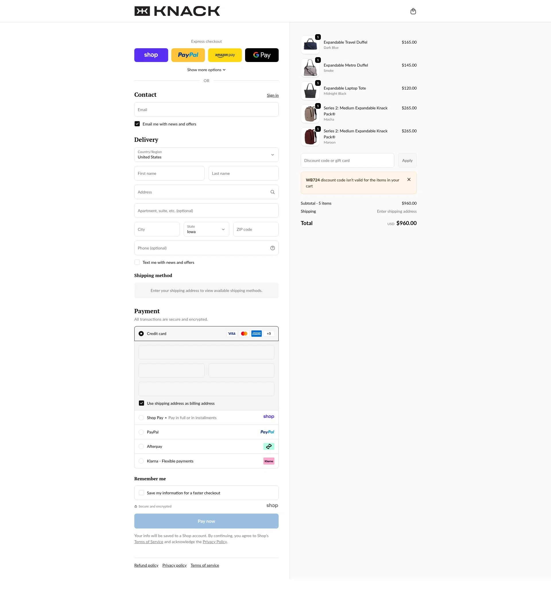 Knack Bags checkout page showing Knack Bags promo code box | Screenshot taken by SimplyCodes community member on Jan 4, 2026