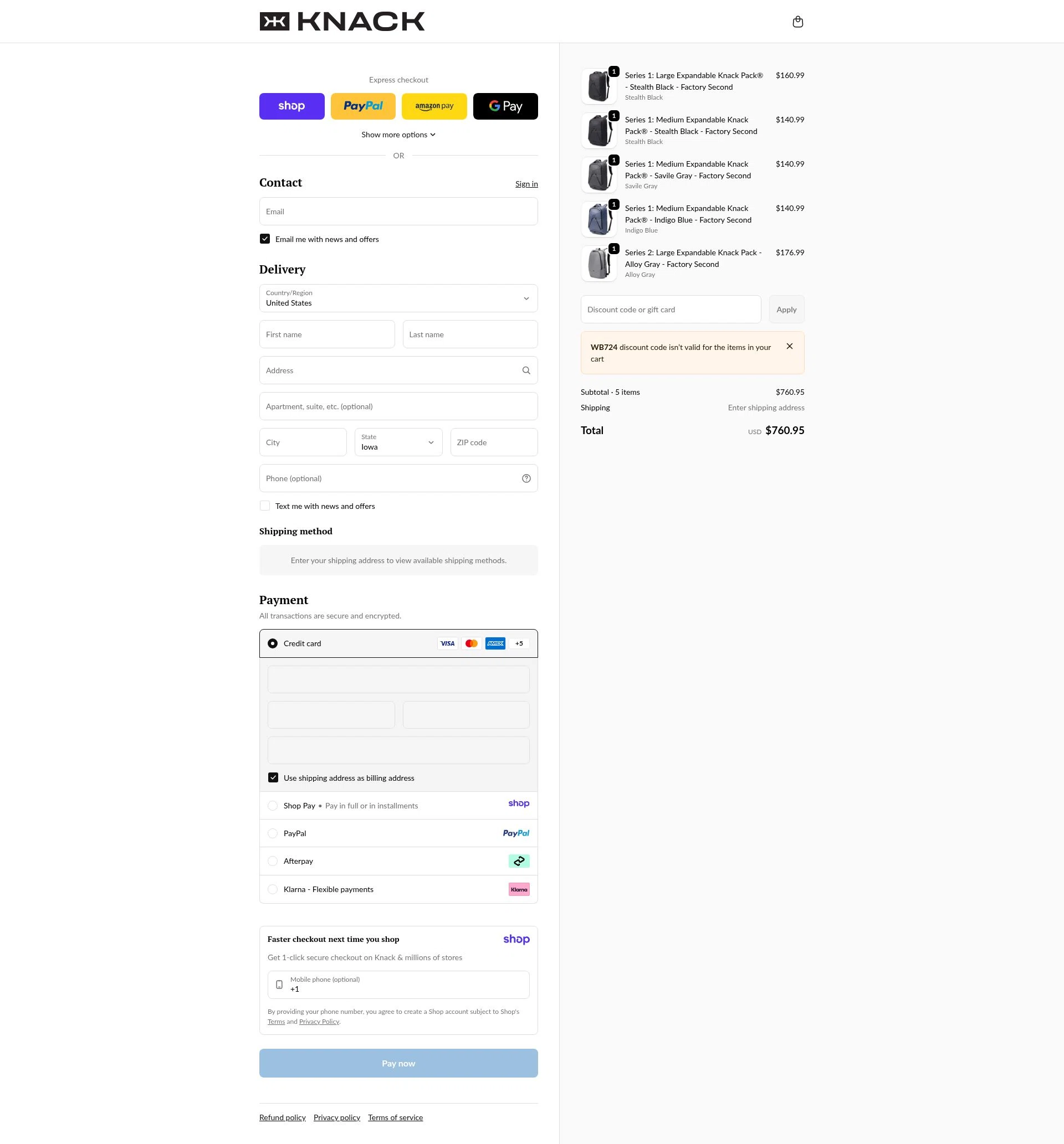 Knack Bags checkout page showing Knack Bags promo code box | Screenshot taken by SimplyCodes community member on Jan 10, 2026