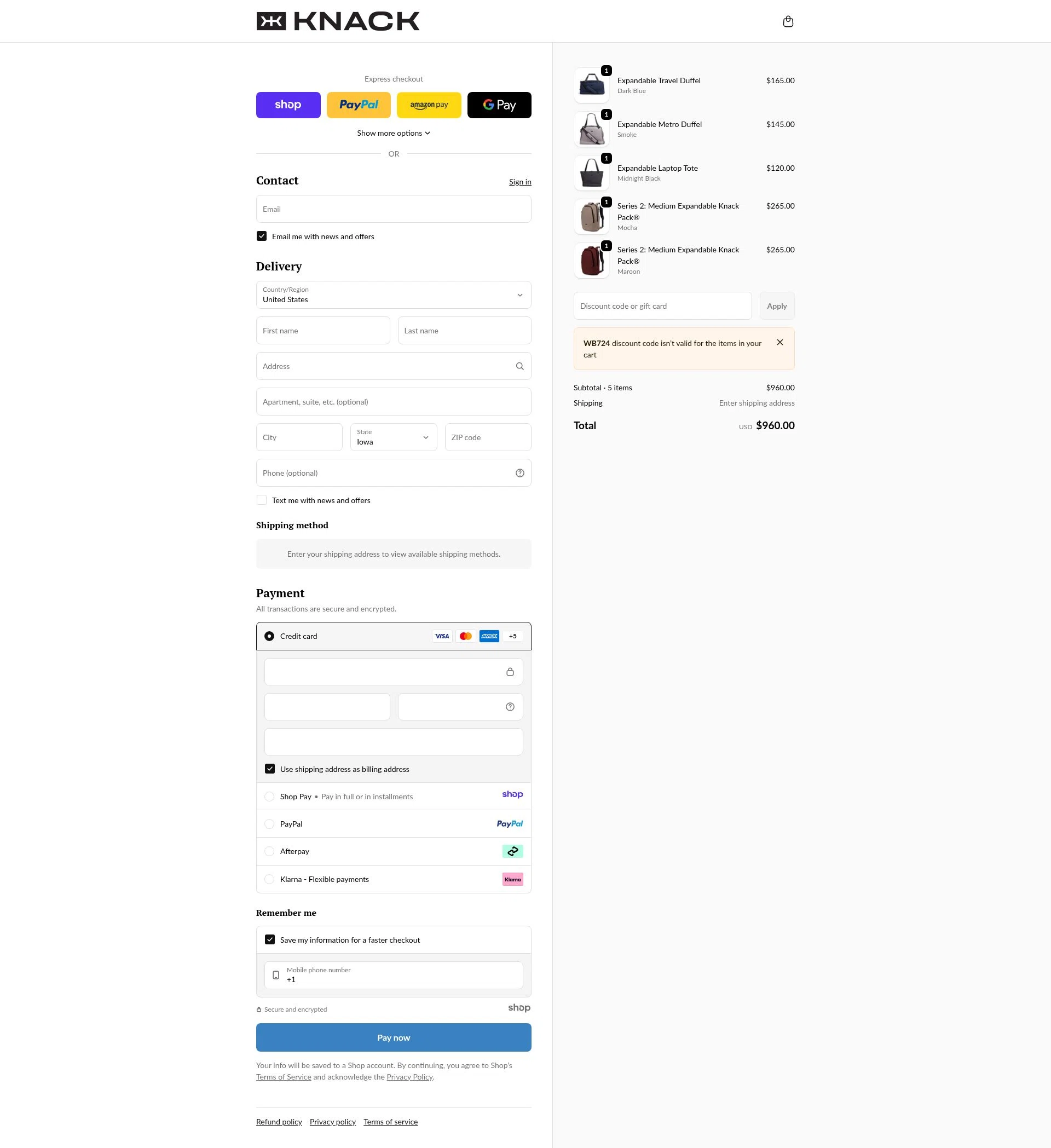 Knack Bags checkout page showing Knack Bags promo code box | Screenshot taken by SimplyCodes community member on Dec 30, 2025
