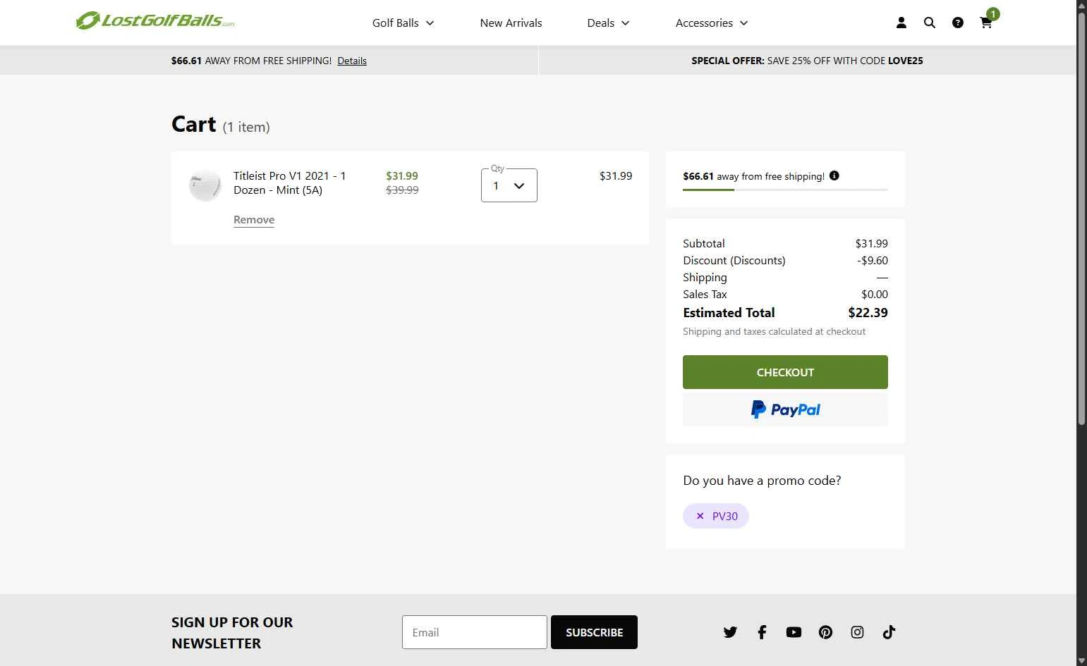 LostGolfBalls.com checkout page showing LostGolfBalls.com promo code box | Screenshot taken by SimplyCodes community member on Feb 9, 2026
