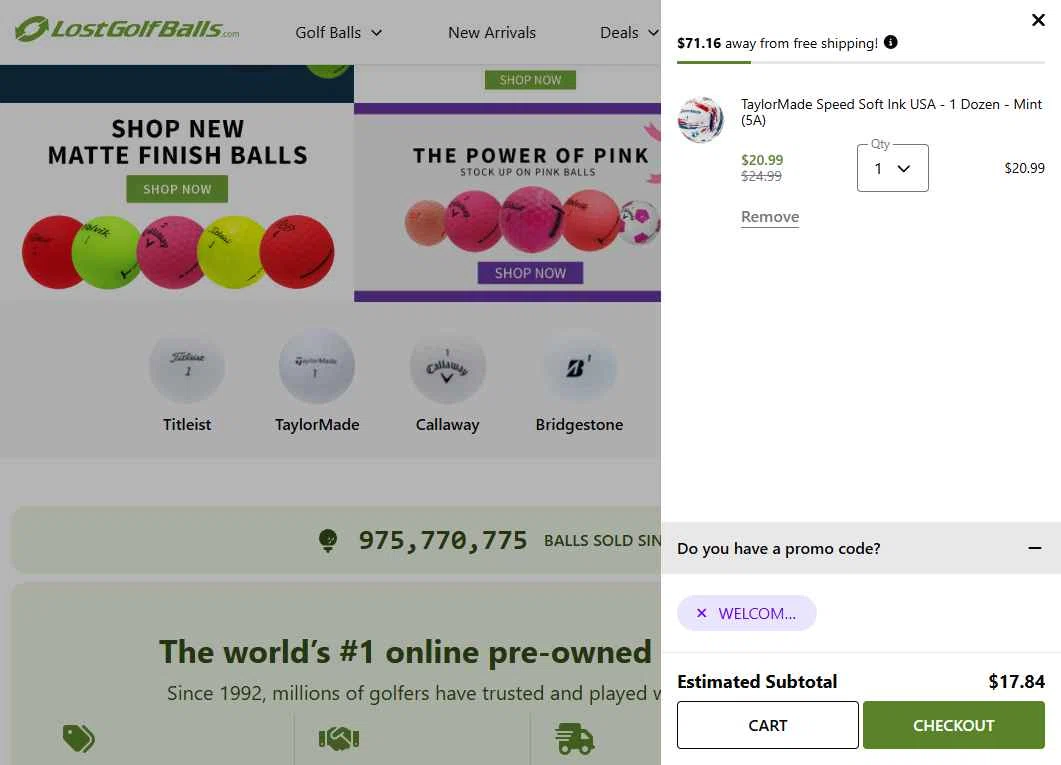 LostGolfBalls.com checkout page showing LostGolfBalls.com promo code box | Screenshot taken by SimplyCodes community member on Feb 4, 2026