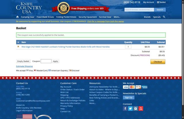 Knife Country USA checkout page showing Knife Country USA promo code box | Screenshot taken by SimplyCodes community member on Jun 13, 2025