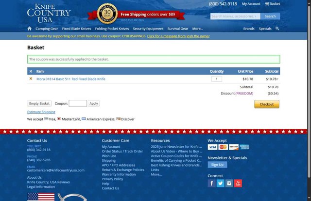Knife Country USA checkout page showing Knife Country USA promo code box | Screenshot taken by SimplyCodes community member on Jun 13, 2025