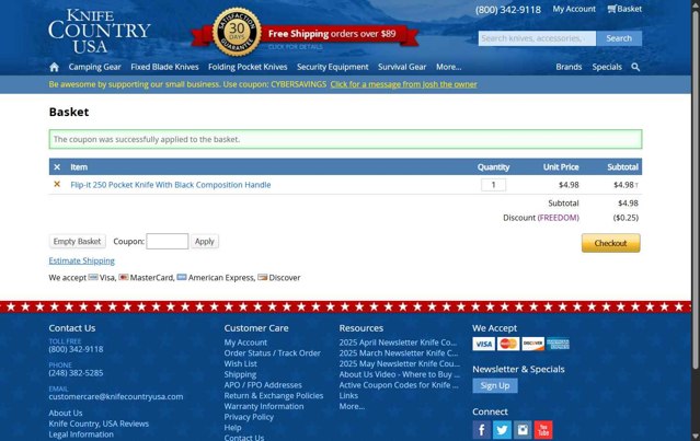 Knife Country USA checkout page showing Knife Country USA promo code box | Screenshot taken by SimplyCodes community member on May 12, 2025