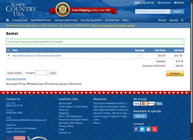 Knife Country USA checkout page showing Knife Country USA promo code box | Screenshot taken by SimplyCodes community member on May 12, 2025