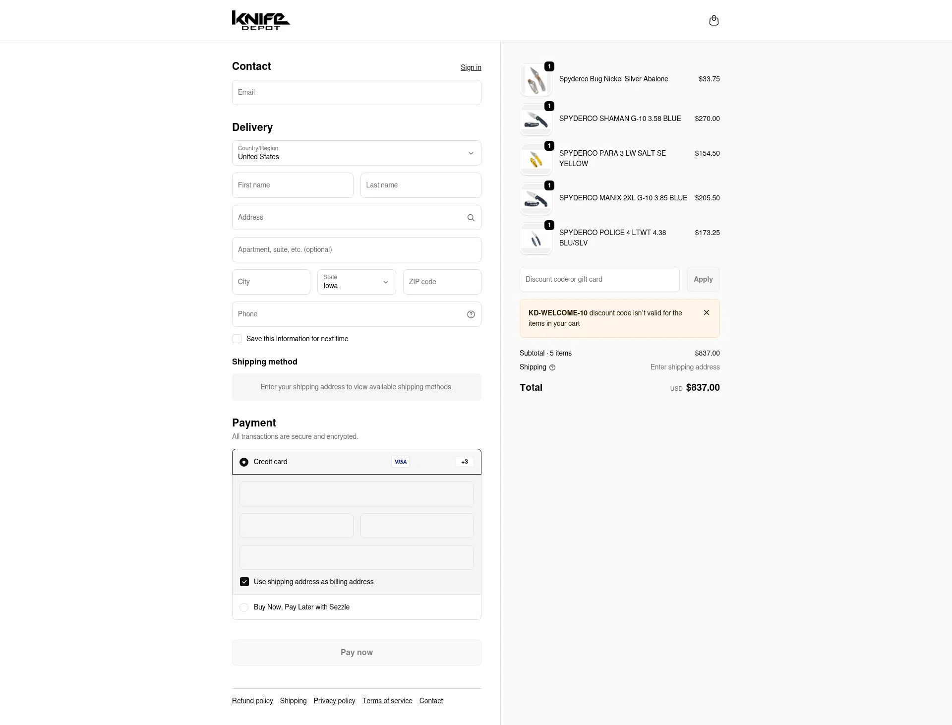 Knife Depot checkout page showing Knife Depot discount code box | Screenshot taken by SimplyCodes community member on Jan 31, 2026