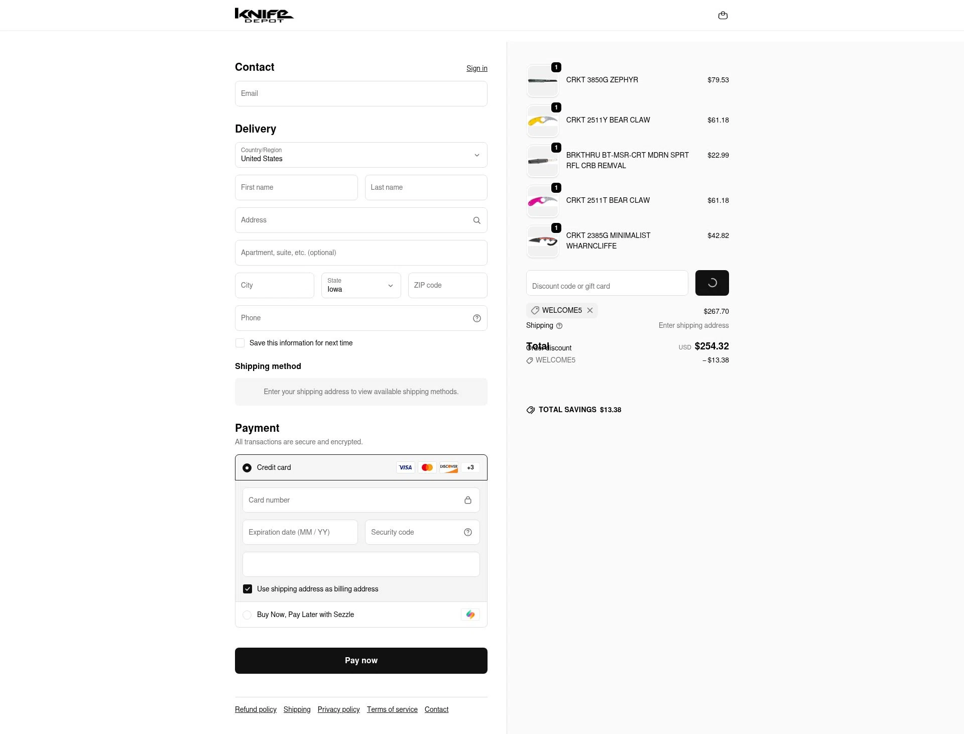 Knife Depot checkout page showing Knife Depot discount code box | Screenshot taken by SimplyCodes community member on Feb 18, 2026