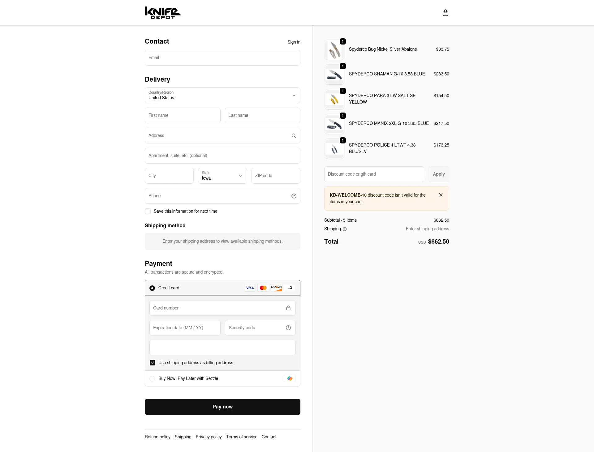 Knife Depot checkout page showing Knife Depot discount code box | Screenshot taken by SimplyCodes community member on Feb 9, 2026