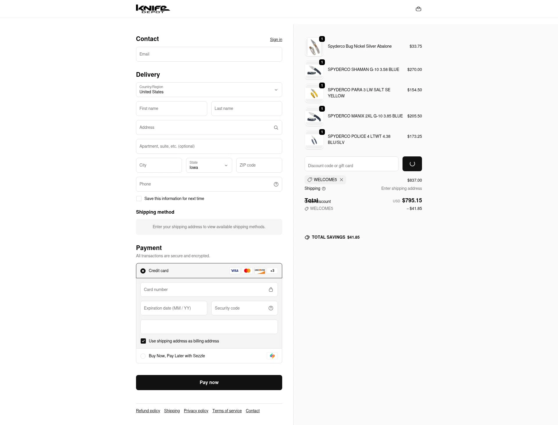 Knife Depot checkout page showing Knife Depot discount code box | Screenshot taken by SimplyCodes community member on Jan 31, 2026