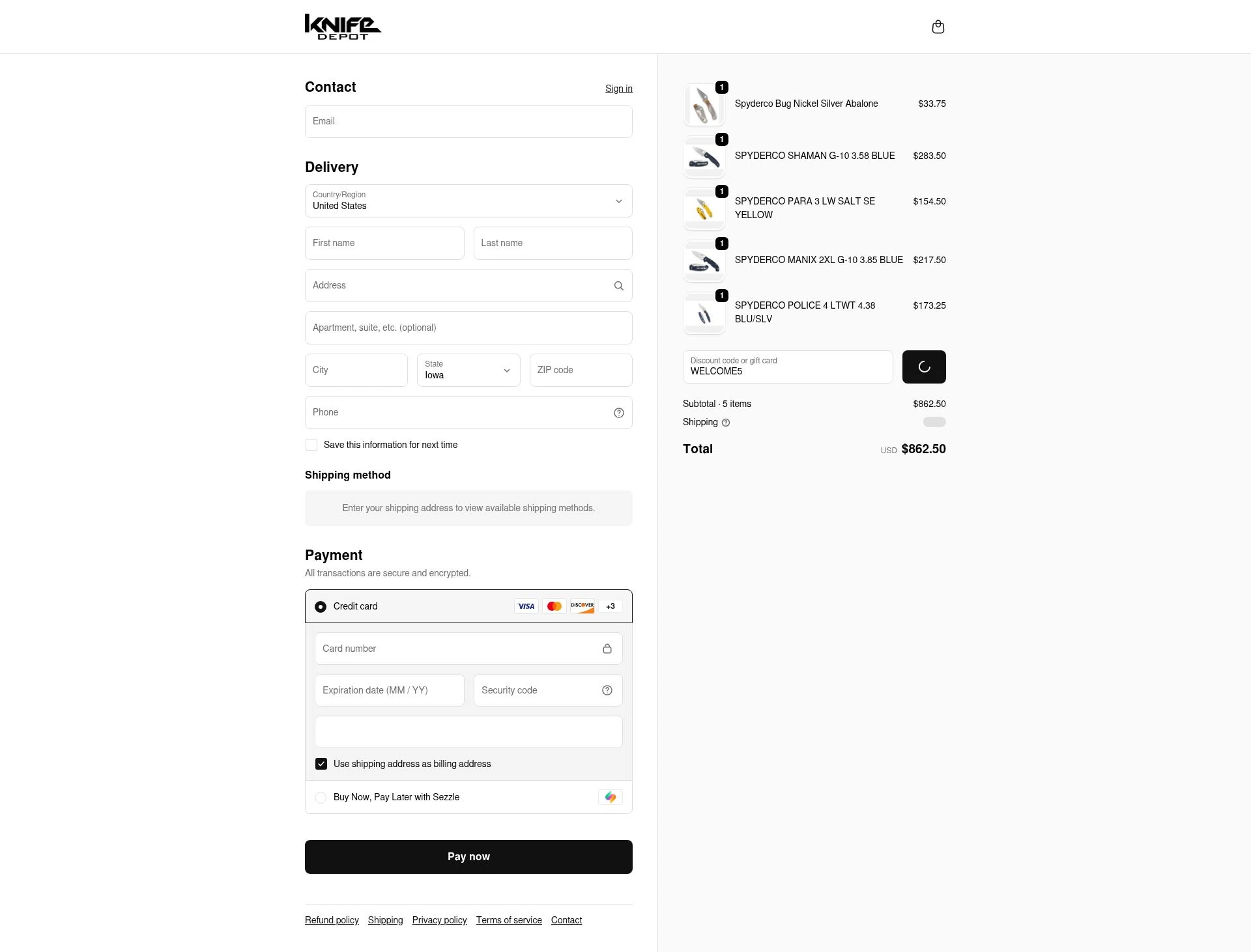 Knife Depot checkout page showing Knife Depot discount code box | Screenshot taken by SimplyCodes community member on Feb 5, 2026