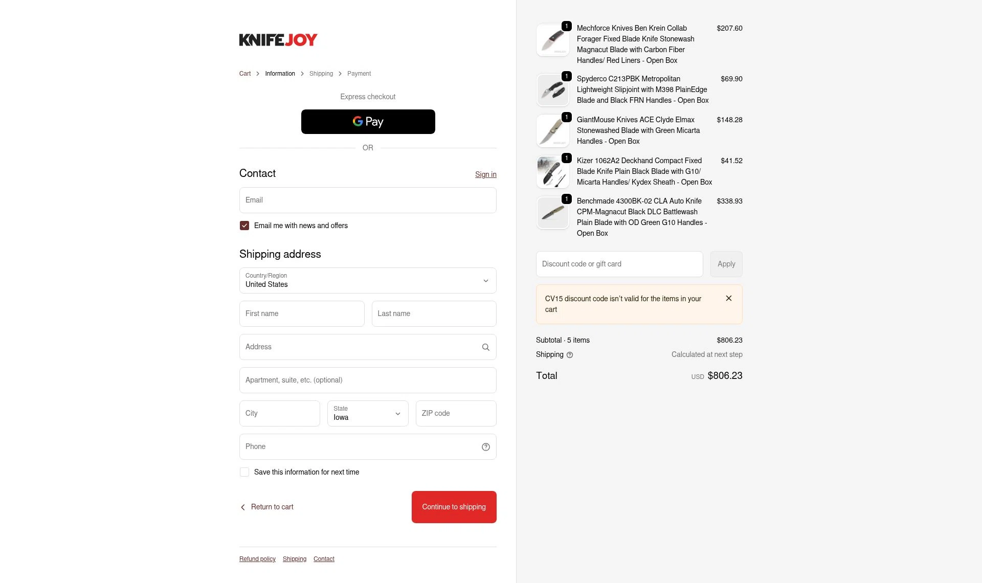 KnifeJoy checkout page showing KnifeJoy discount code box | Screenshot taken by SimplyCodes community member on Feb 18, 2026