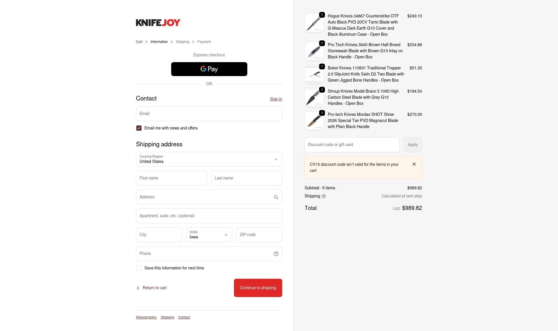 KnifeJoy checkout page showing KnifeJoy discount code box | Screenshot taken by SimplyCodes community member on Feb 13, 2026