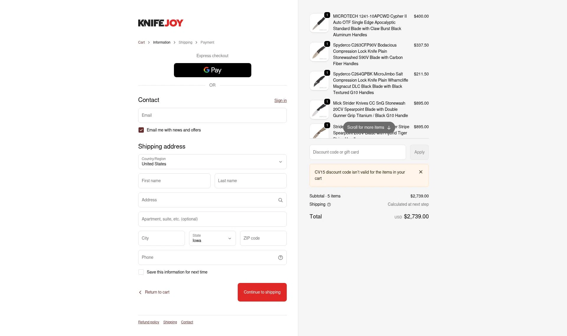 KnifeJoy checkout page showing KnifeJoy discount code box | Screenshot taken by SimplyCodes community member on Jan 13, 2026