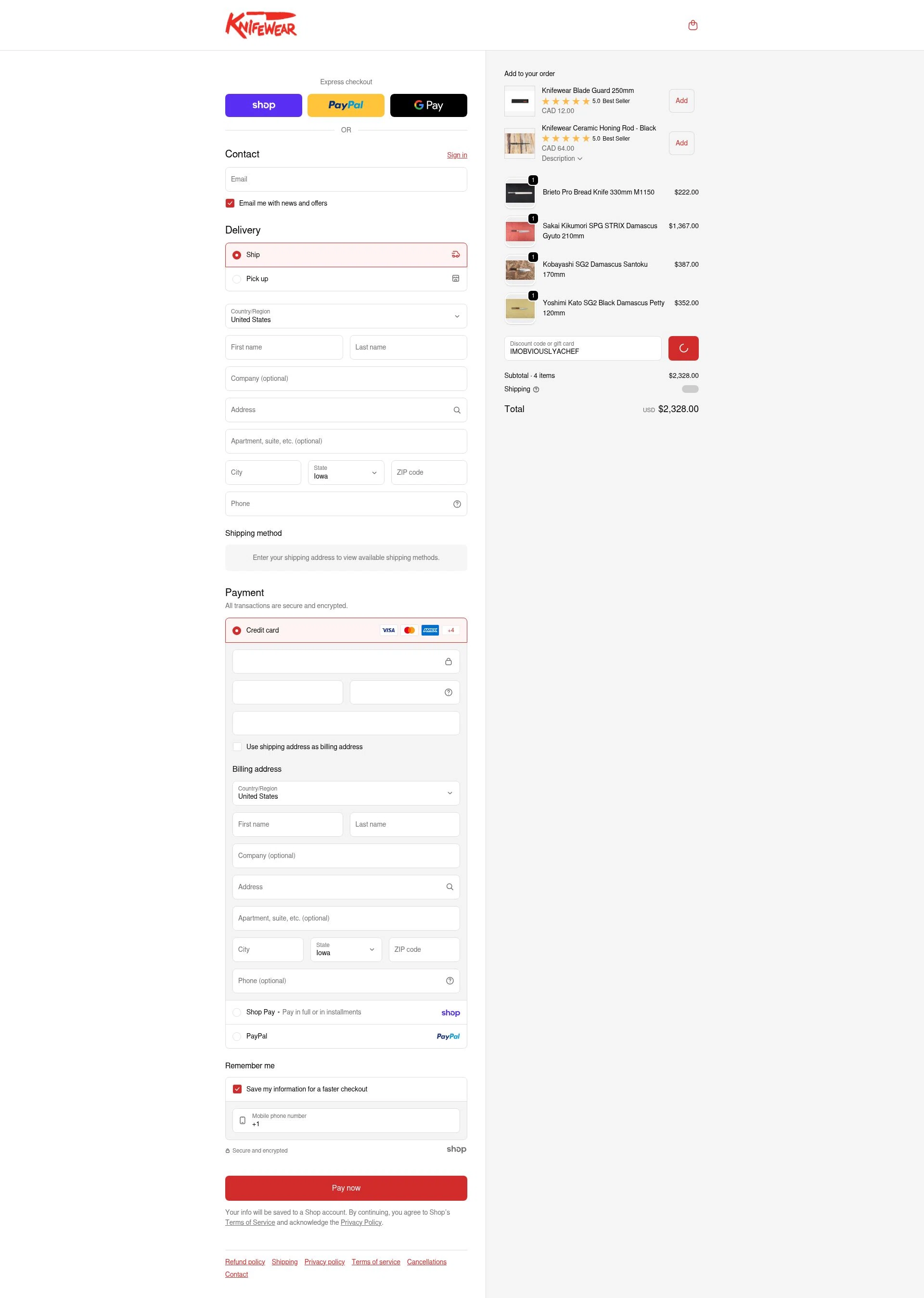 Knifewear checkout page showing Knifewear discount code box | Screenshot taken by SimplyCodes community member on Jan 27, 2026
