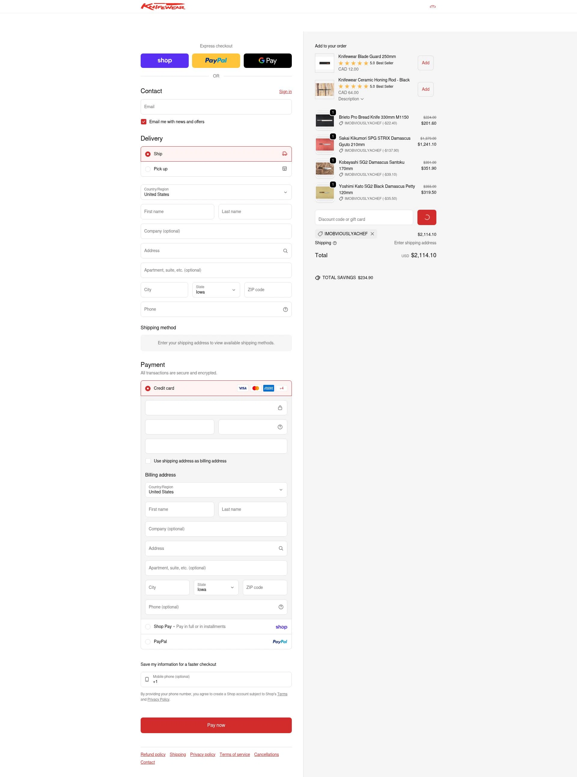 Knifewear checkout page showing Knifewear discount code box | Screenshot taken by SimplyCodes community member on Jan 31, 2026