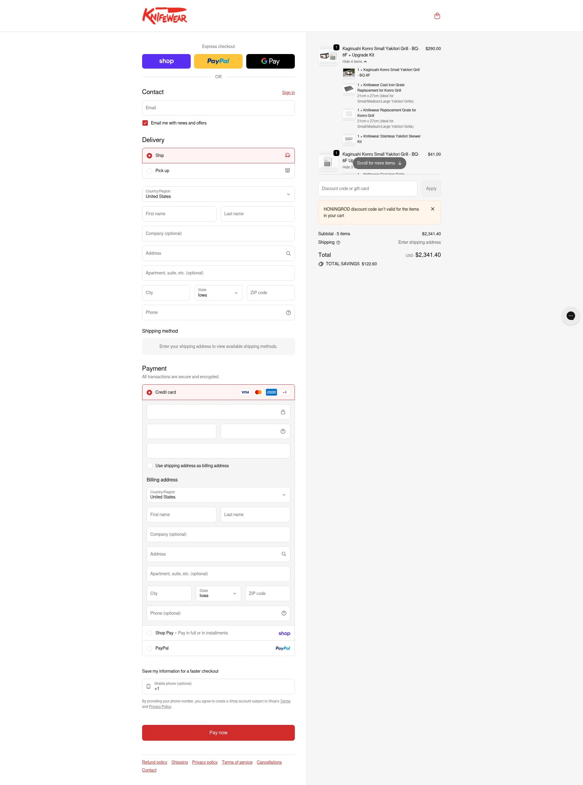 Knifewear checkout page showing Knifewear discount code box | Screenshot taken by SimplyCodes community member on Feb 5, 2026