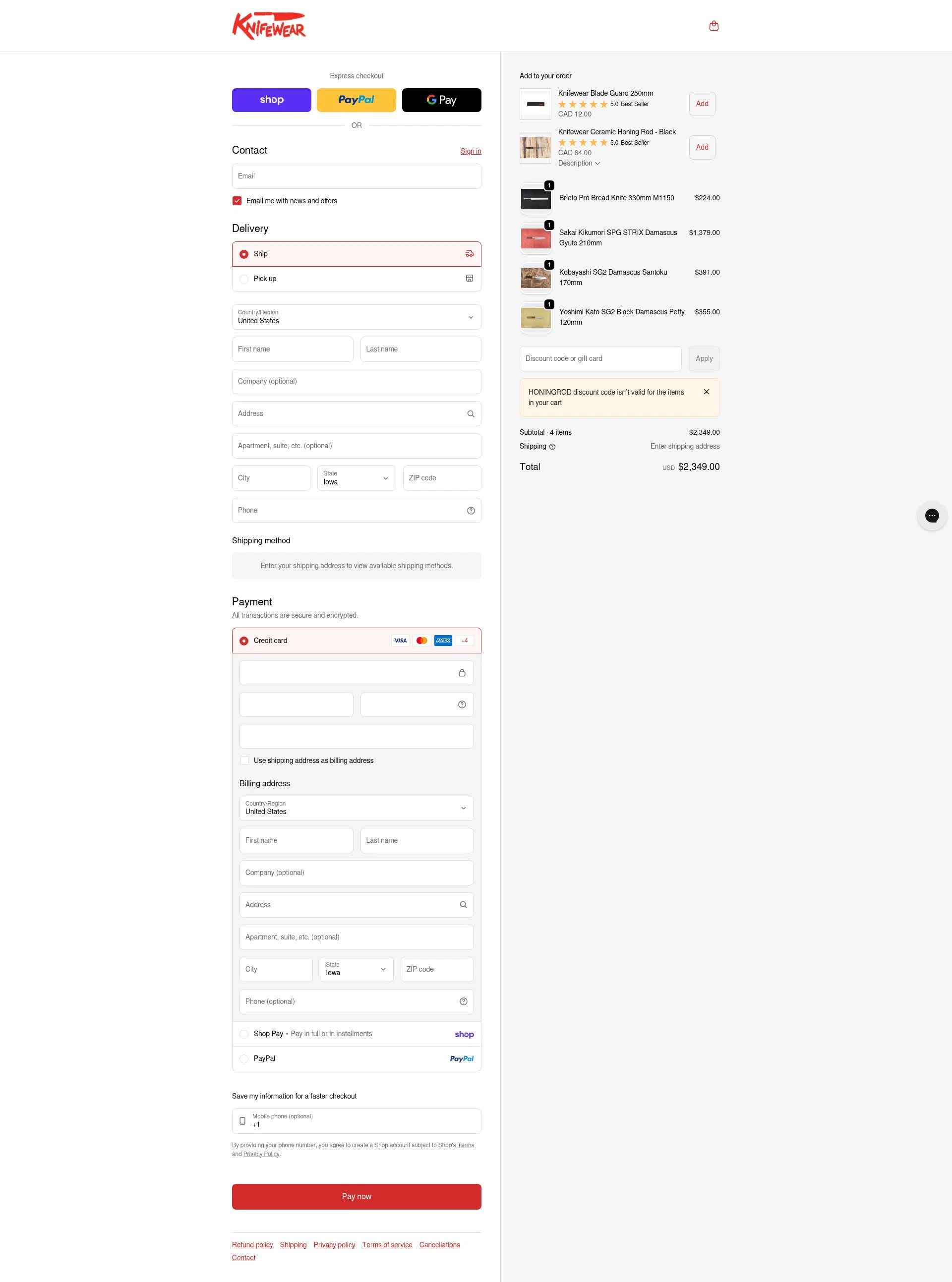 Knifewear checkout page showing Knifewear discount code box | Screenshot taken by SimplyCodes community member on Jan 31, 2026