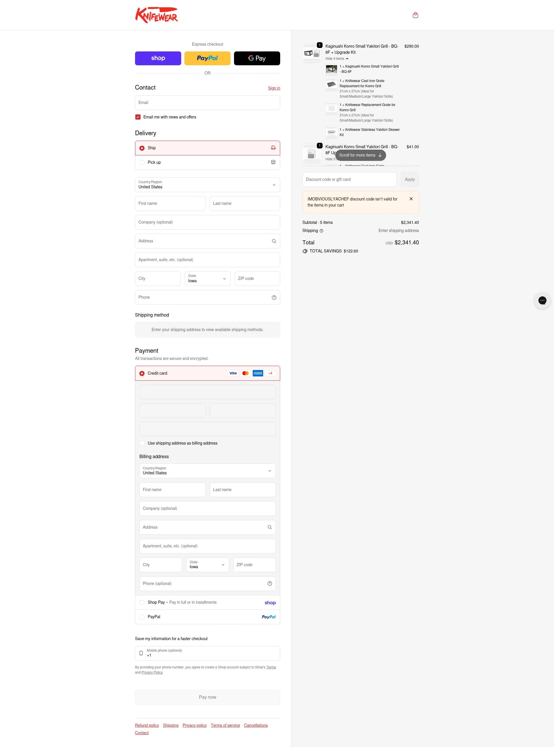 Knifewear checkout page showing Knifewear discount code box | Screenshot taken by SimplyCodes community member on Feb 5, 2026