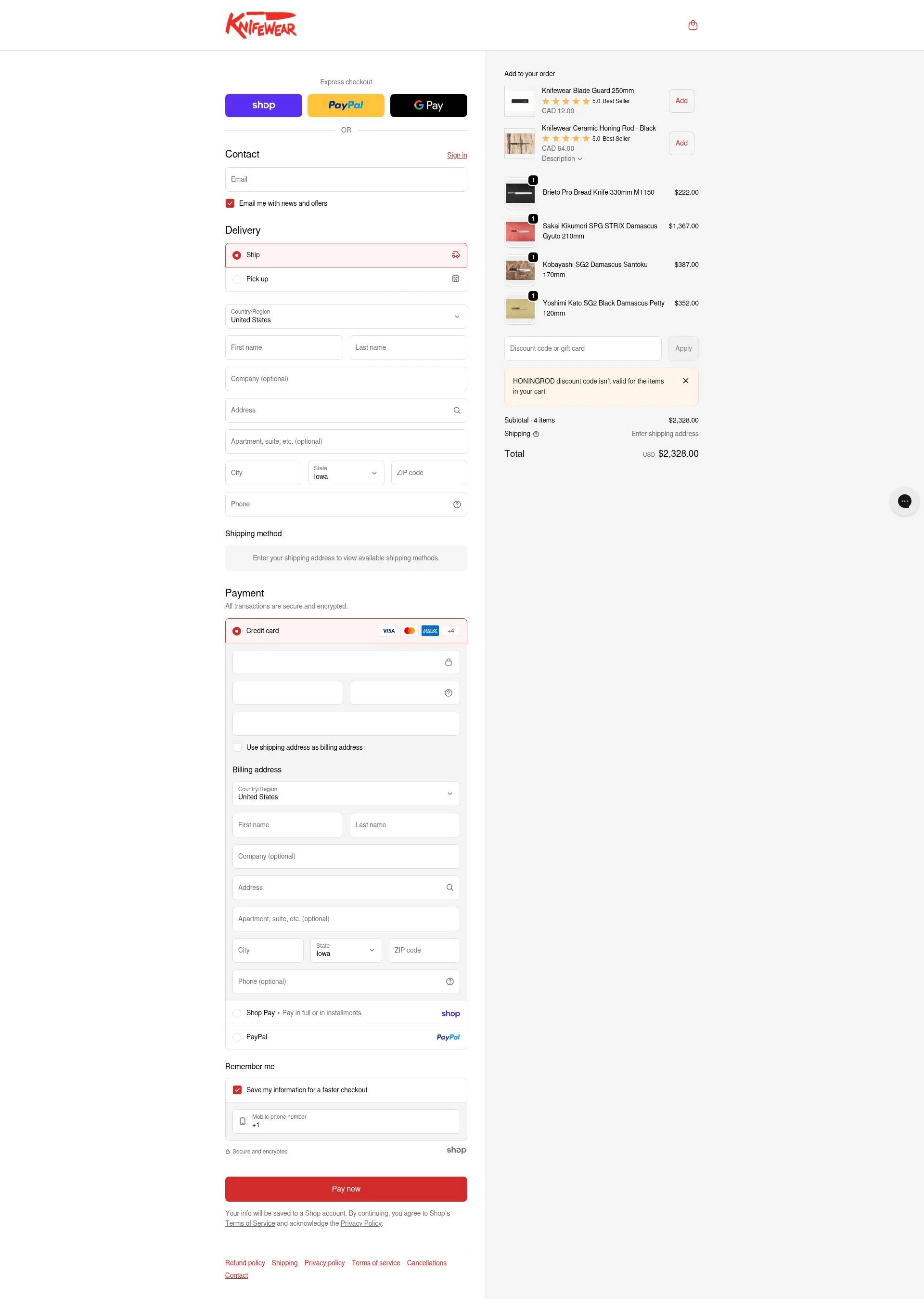 Knifewear checkout page showing Knifewear discount code box | Screenshot taken by SimplyCodes community member on Jan 27, 2026