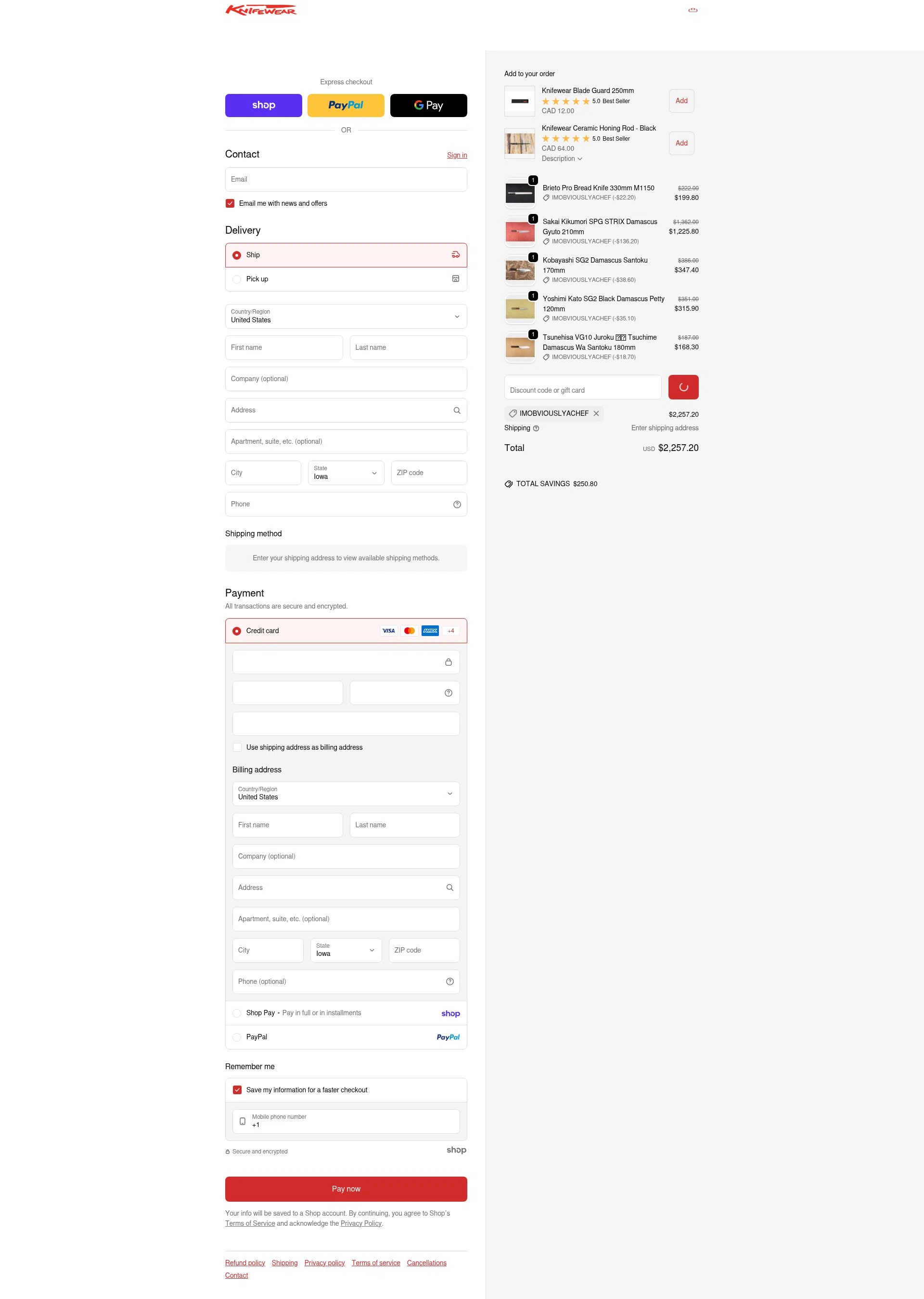Knifewear checkout page showing Knifewear discount code box | Screenshot taken by SimplyCodes community member on Jan 22, 2026